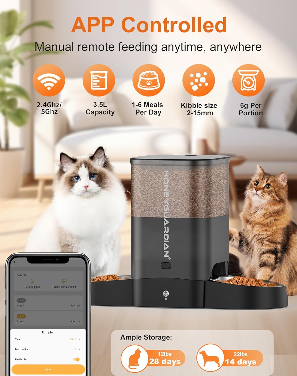 HoneyGuaridan Automatic Cat Feeder for Two Cats, 5G WiFi Smart Feed Pet Feeder with Stainless Steel Bowl,APP Control Dispenser, Dual Power Supply,Desiccant Bag,10s Meal Call Black