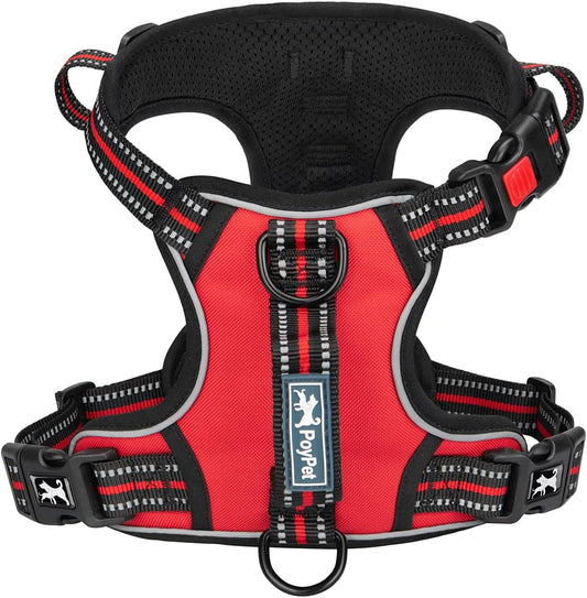 PoyPet No Pull Dog Harness, No Choke Front Clip Reflective Dog Vest with Soft Padded Vertical Handle, 3 Leash Attachments for Small Medium Large Dogs (Red,S)