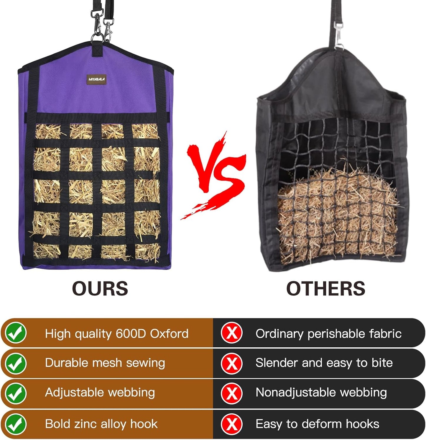 Hay Bags for Horses,3 Packs Slow Feed Hay Bags for Goats,Sheep,Donkey,Premium Oxford Hay Feed Bags with Front Hay Nets Design, Easy to Fill and Hang with Large Opening (2Purple + 1Black)