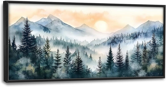 Large Misty Mountain Forest Wall Art for Living Room, Framed Foggy Sunrise Landscape Wall Decor Oversized Watercolor Canvas Painting Modern Artwork Home Decoration for Bedroom Office 60"x30"