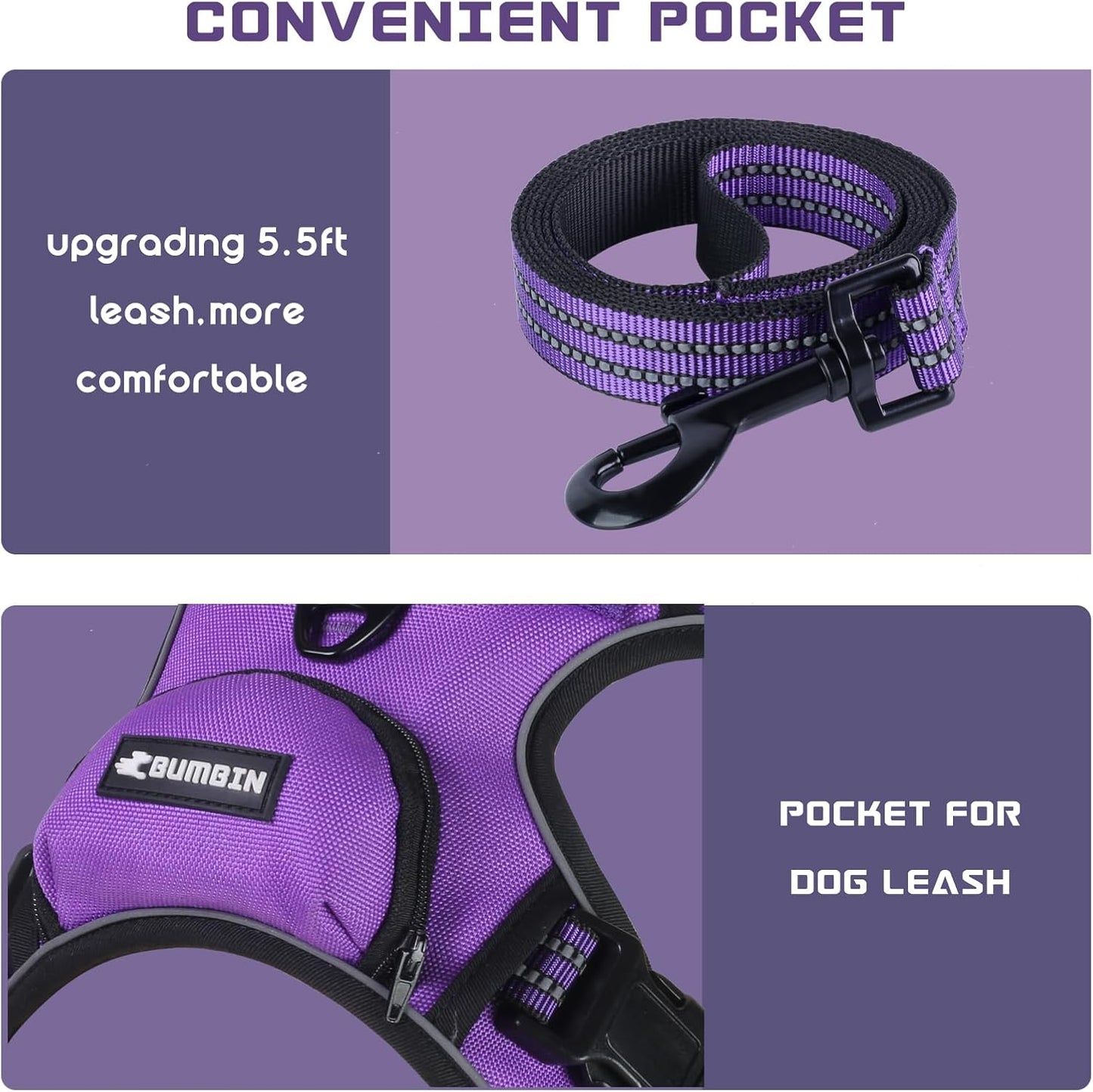 BUMBIN Dog Harness for Large Dogs, No Pull Adjustable No Choke Pet Vest with Dog Leash Fit Smart Reflective Pet Walking Harness for Training Easy Control Soft Handle Purple S