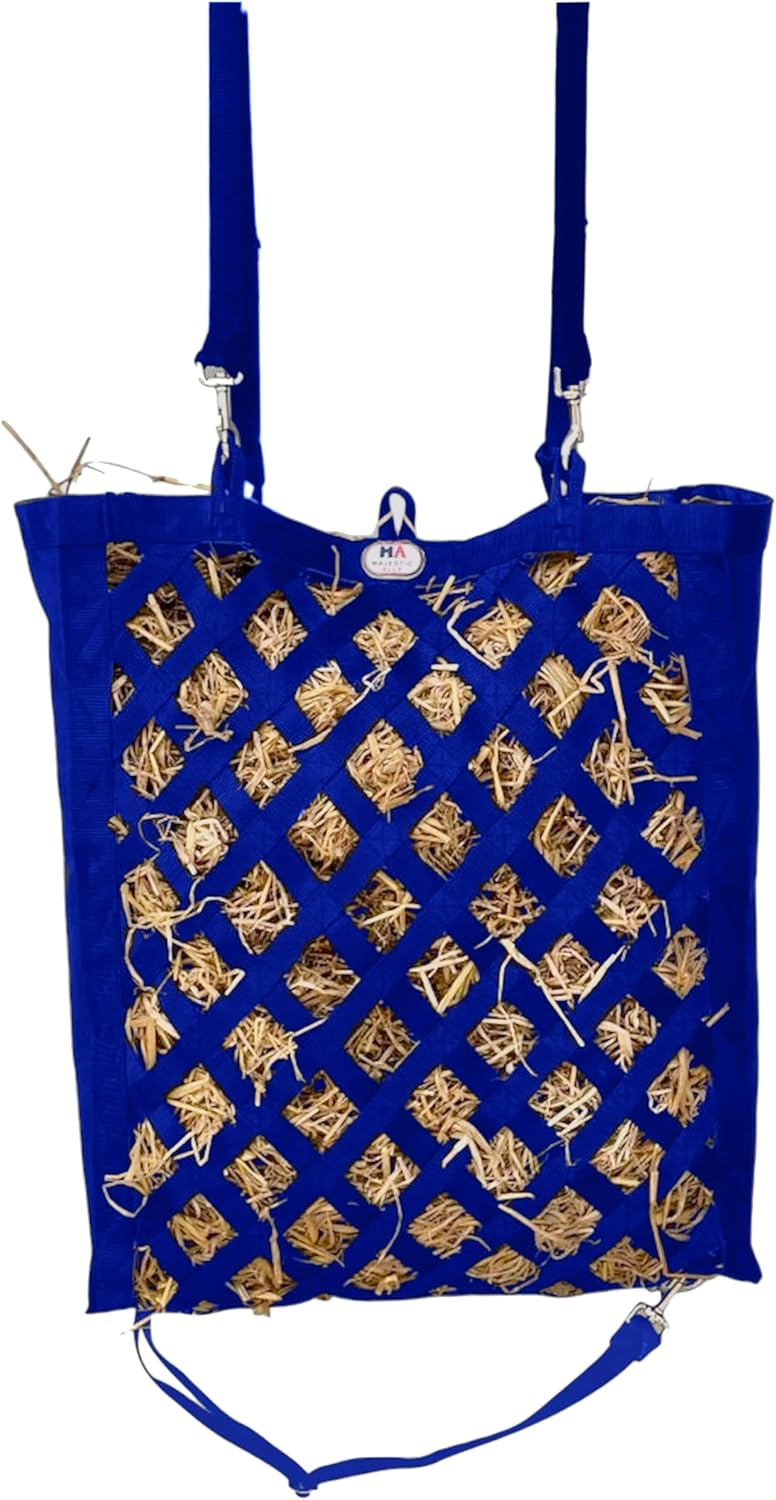 Majestic Ally Premium Nylon Hay Bag for Horses and Livestock, Simulates Grazing, Slow Feeding, Heavy-Duty PP Webbing,Quick-Adjust Straps, Small Hole for Digestion, Multiple Colors (Royal Blue)