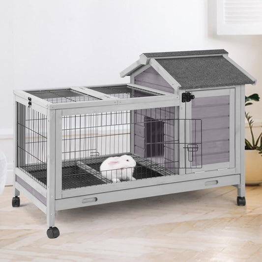 GUTINNEEN Rabbit Hutch Bunny Cage with Removable Wire Floor, Indoor/Outdoor Guinea Pig Cages with Leakproof Pull-Out Tray, 4 Lockable Wheels & Run Space