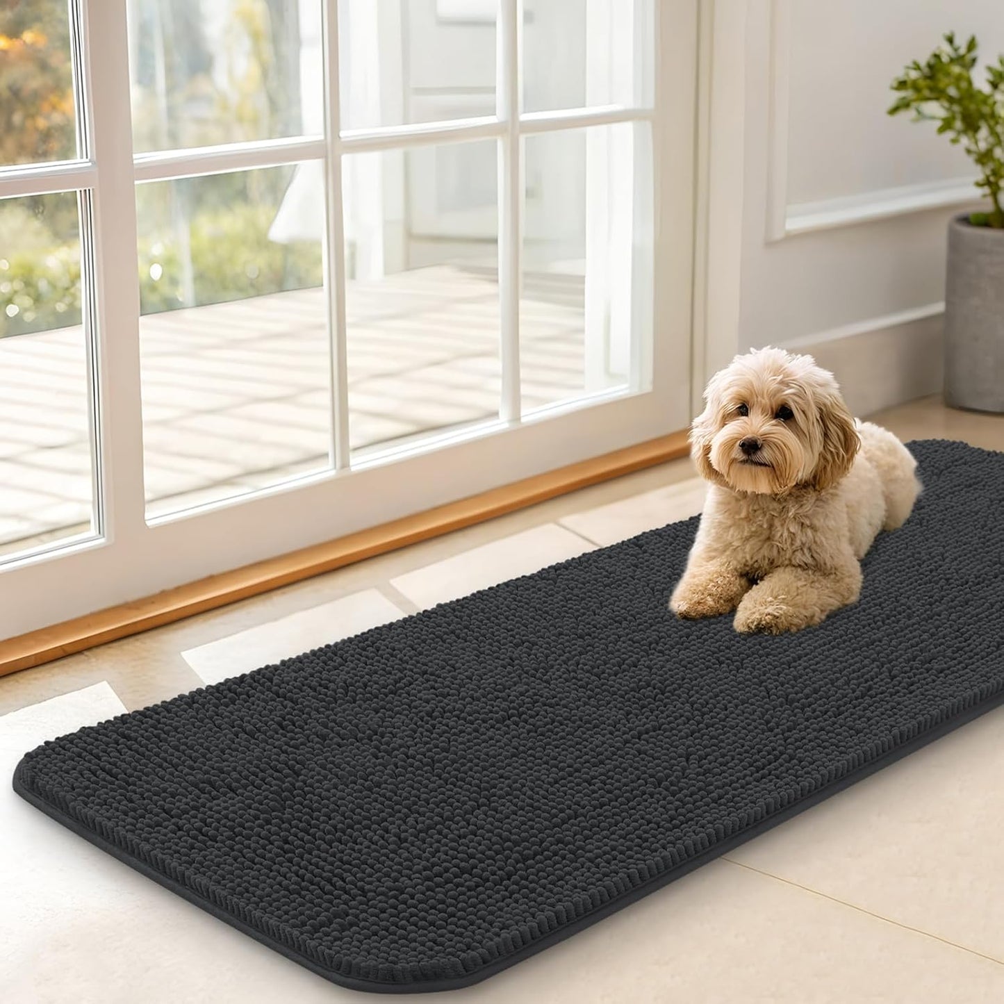 OLANLY Dog Door Mat for Muddy Paws 47x17, Absorbs Moisture and Dirt, Absorbent Non-Slip Washable Doormat, Quick Dry Chenille Mud Mat for Dogs, Entry Indoor Entryway Carpet for Inside Floor, Dark Grey