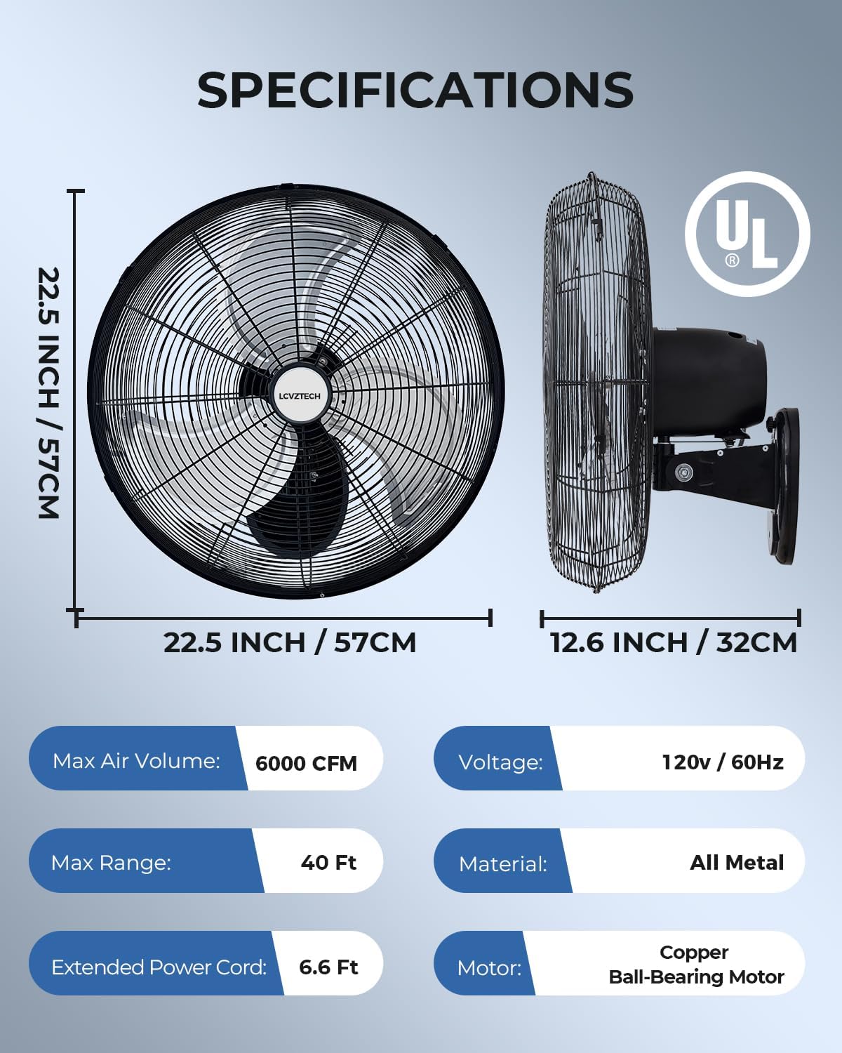 20 inch Wall Mount Fan Oscillating, 3-Speed 5500 CFM High Velocity Industrial Wall Mounted Fan, Heavy Duty Air Circulator for Garage, Shop, Gym, Workshop, Covered Patio - UL Listed
