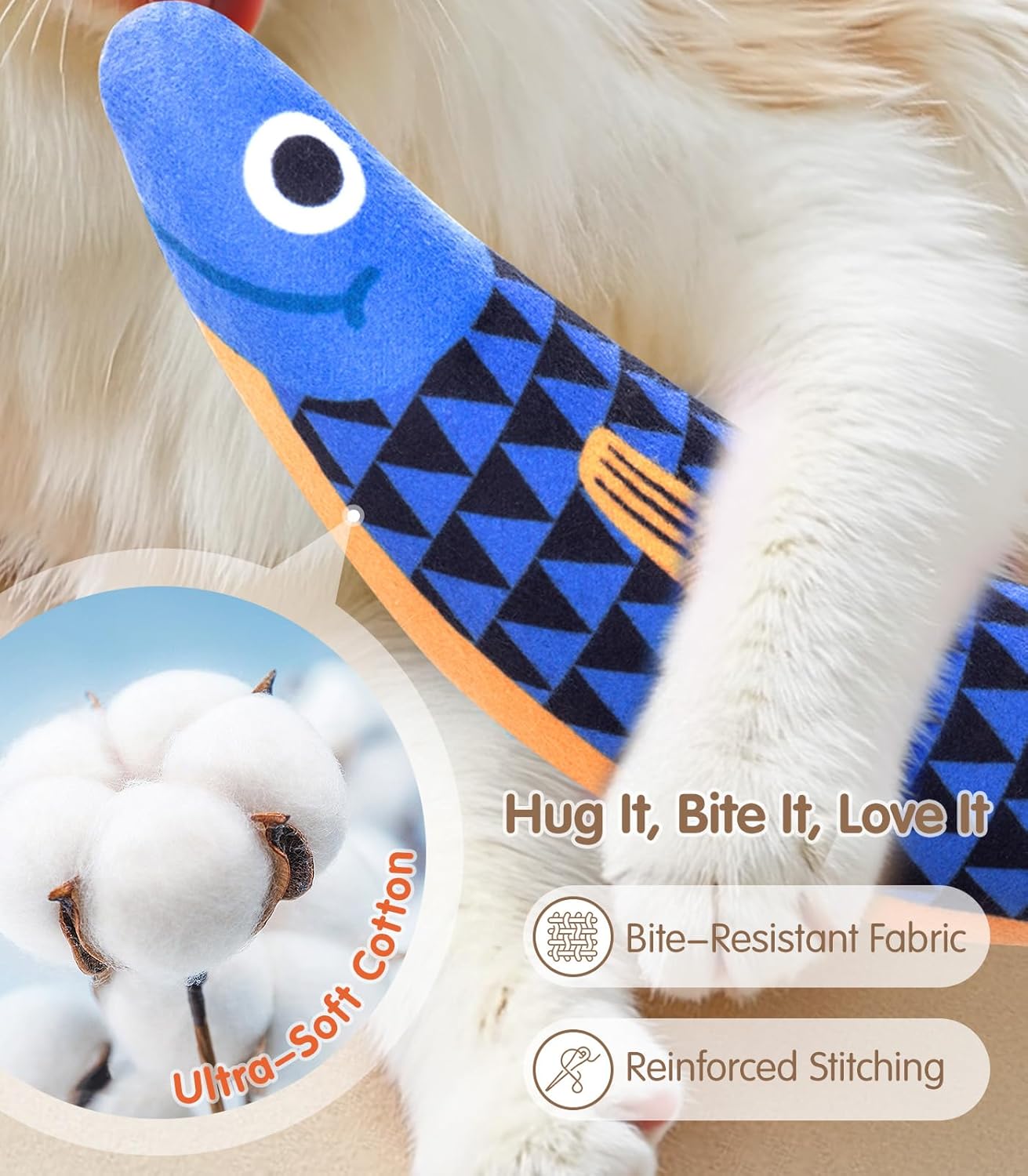 Interactive Cat Toys with [5000mg A+ Natural Catnip &Silvervine] [Baby Grade] Soft Chew Kicker Cat Toys for Indoor Cats & Kittens, Crinkle &Bell Fish Sound Toy, Drives Bored Cats Crazy with Fun,2 Pack