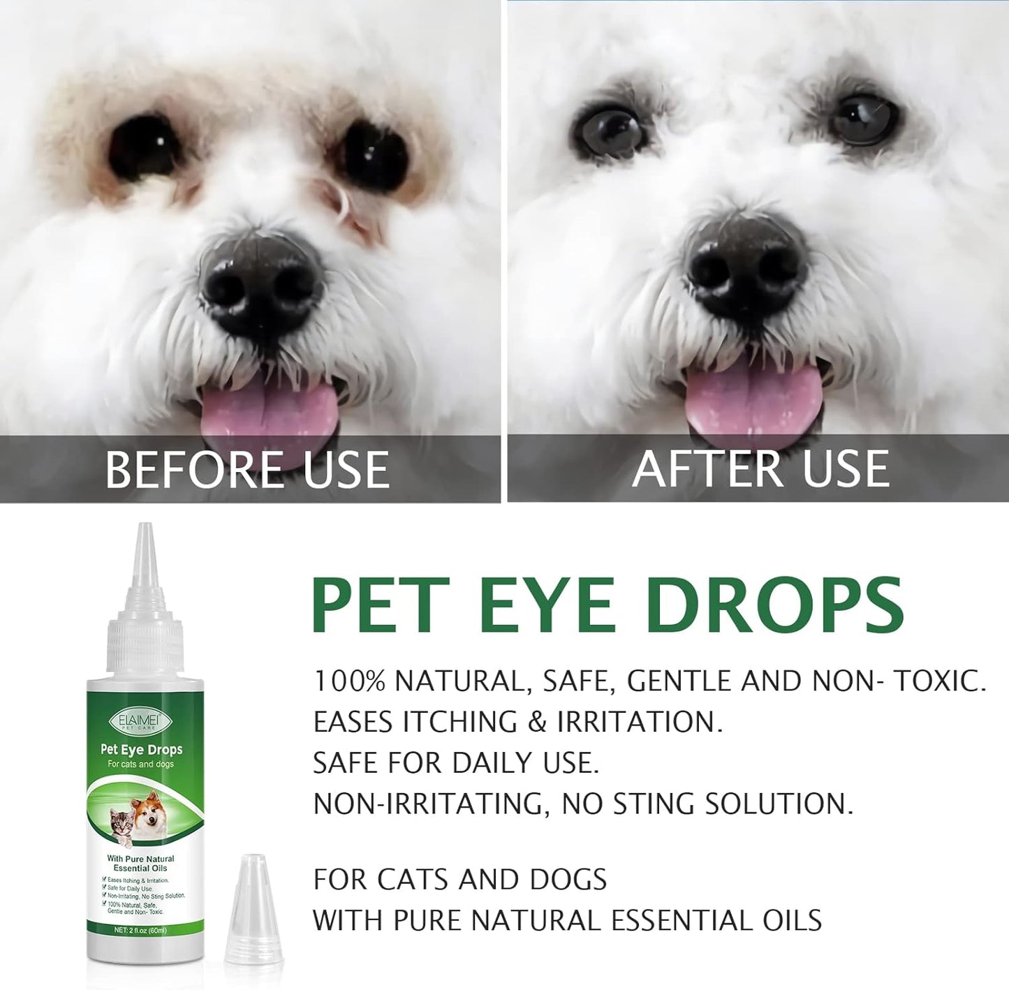 Dog Eye Drops, Eye Drops for Dogs and Cats, Dog Eye Infection Treatment to Soothe Infection Allergy, Relieve Dry Eyes Pink Eyes, Pet Tear Stain Cleaner, Dog and Cat Eye Wash, 2.02 fl.oz