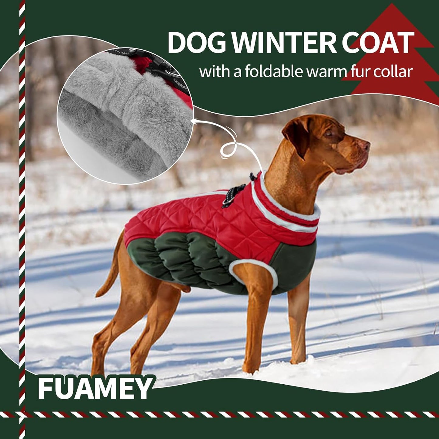 FUAMEY Dog Coat for Small Dogs,Waterproof Dog Winter Jacket with Harness Built in Puppy Cold Weather Coats Reflective Pet Vest with Zipper Warm Fleece Dogs Snowsuit Windproof Christmas XS