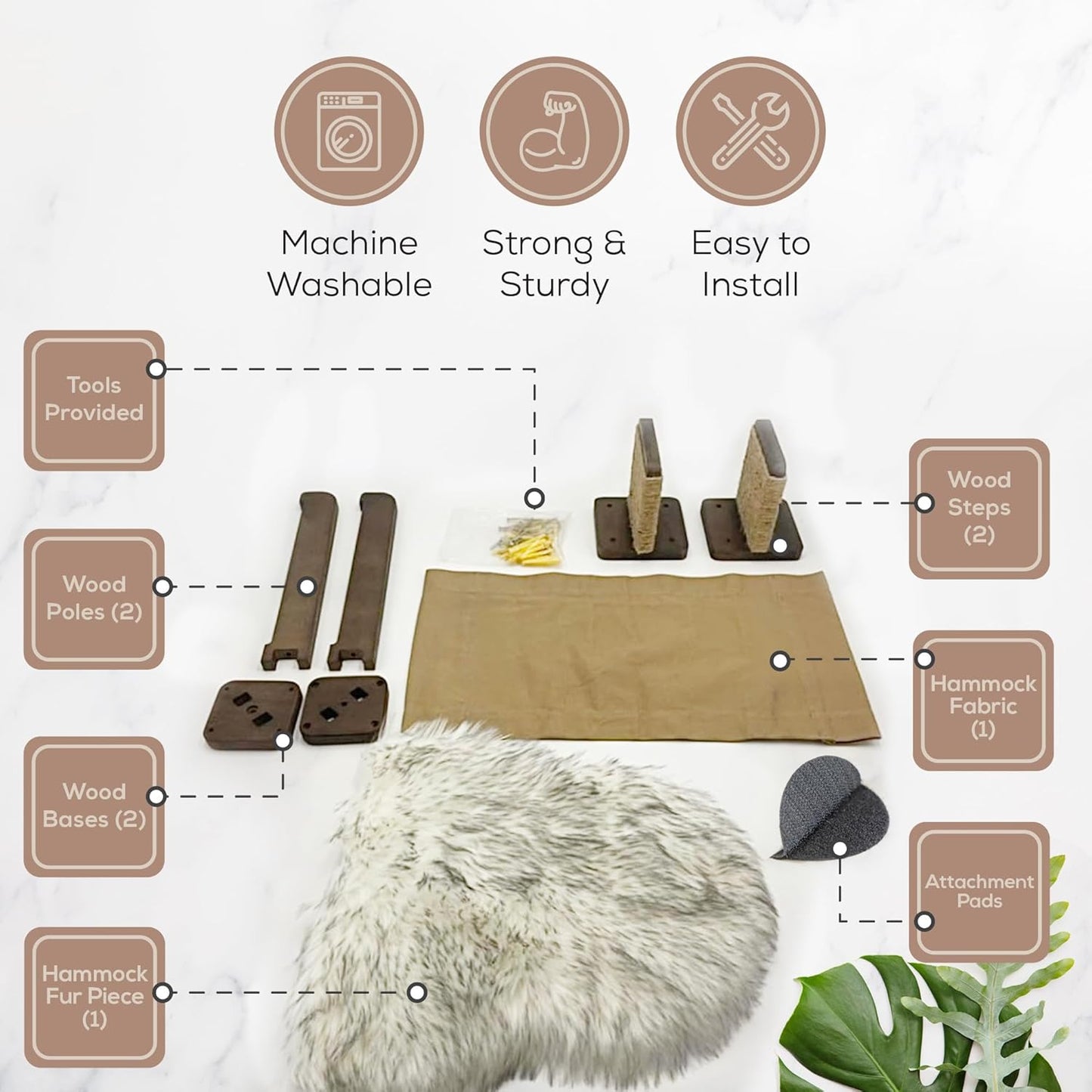 Multi-Level Cat Wall Hammock with Plush Cushion and Two Steps - Shelves Set with Perches for Playing, Climbing, and Sleeping - Wooden Cat Wall Bed