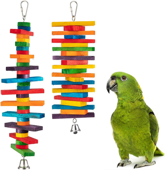 MEWTOGO 2 Pcs Bird Toys - Parrot Toys with Multicolored Natural Wooden Blocks, Chewing Sticks for Conures, Parakeets, Cockatiels, Lovebirds, African Grey, Macaws, Amazon Parrots - Bird Gift