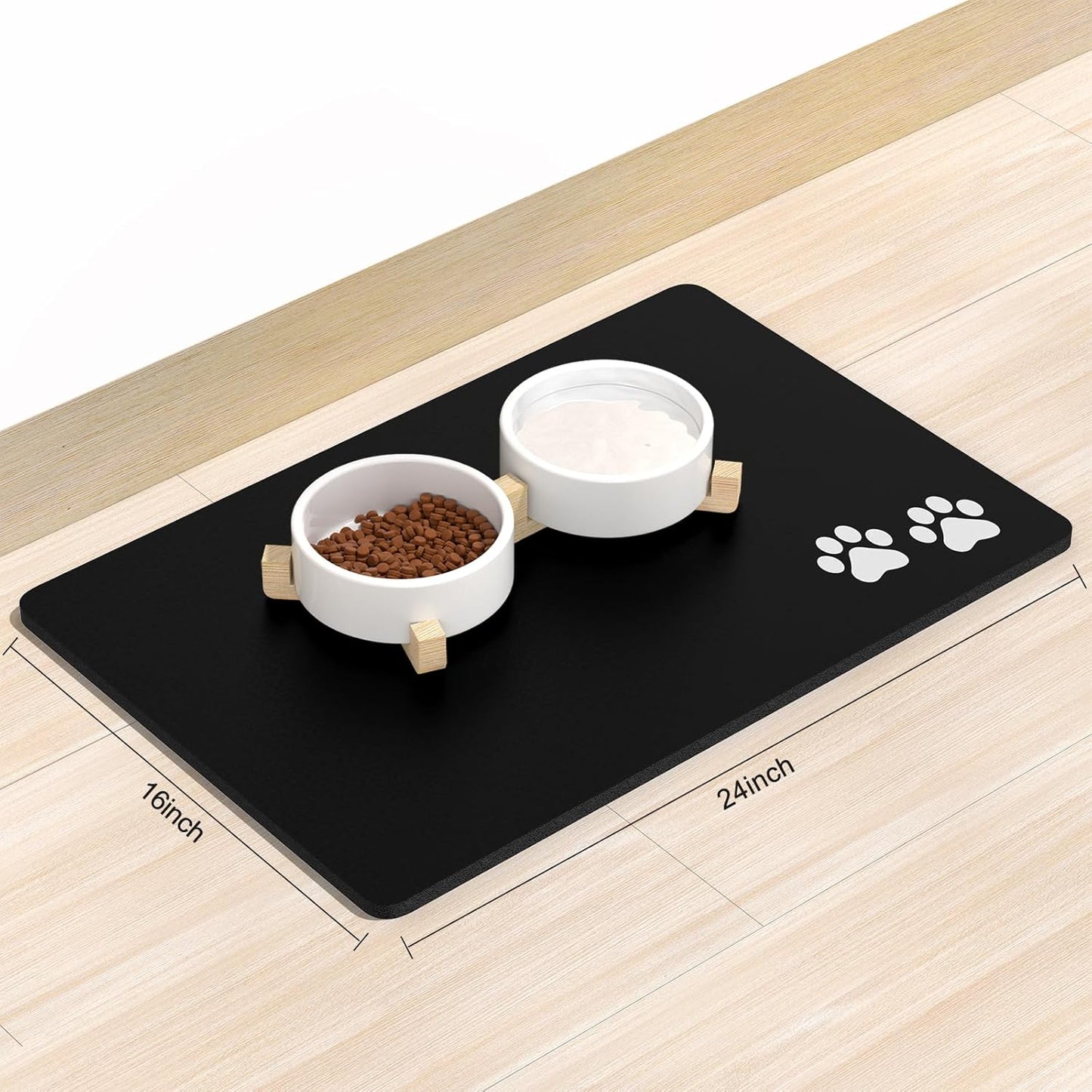 Rnivvi Dog Food Mat, 16" x 24" Footprint Absorbent Dog Cat Bowl Mat for Food and Water, Cute Anti-Slip Rubber Pet Feeding Rug Protect Floors, Puppy Placemat for Feeding & Watering Supplies, Black