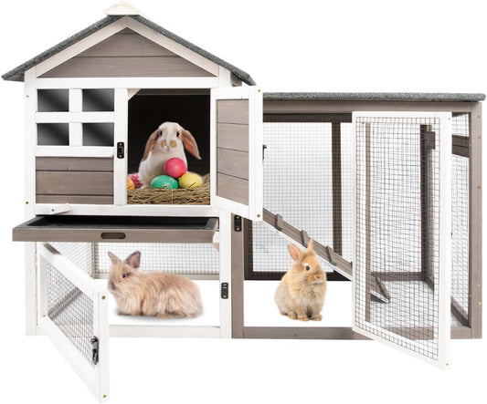 Rabbit Hutch-Indoor Outdoor Rabbit Hutch with Pull Out Tray Large Rabbit Hutch FirWood Bunny Hutch Indoor Guinea Pig Cages Waterproof Asphalt Roof, GREYWHITE, RAB HUTCH#17 (RAB17)