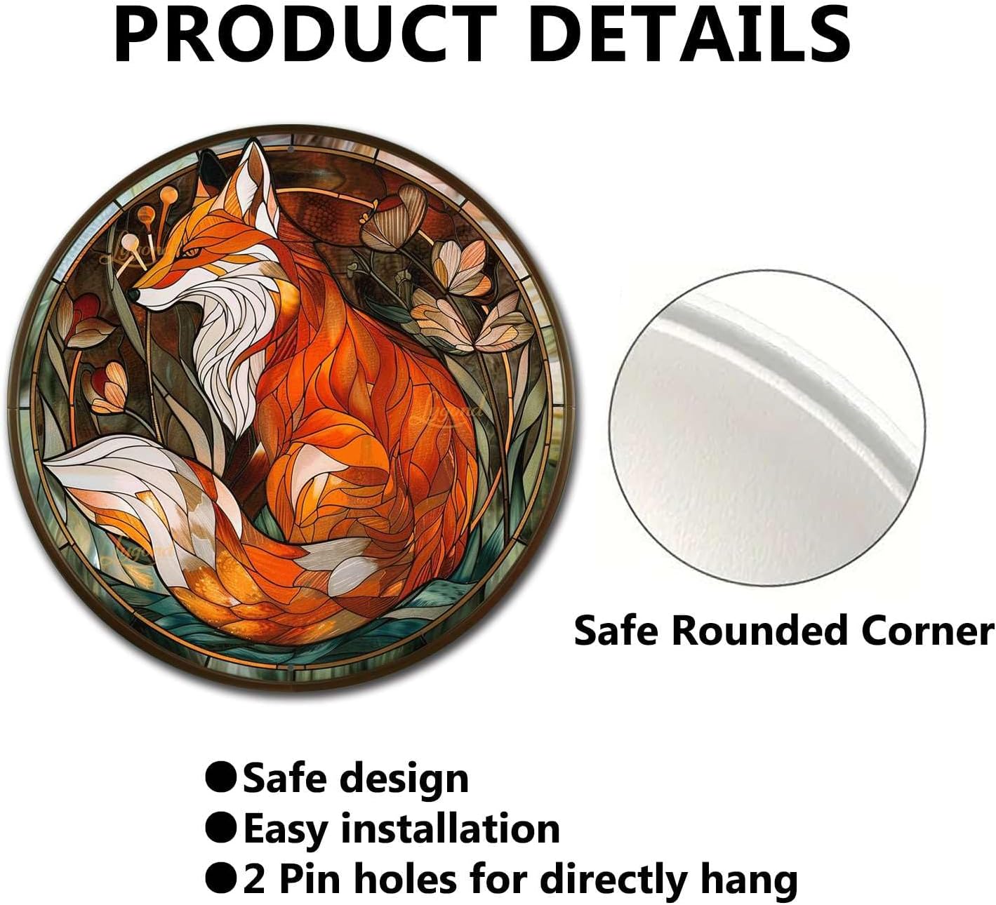 Lygond Metal Sign Tin Sign Circular Stained Glass Red Fox Funny Garden Signs for Garden 8×8 Inches
