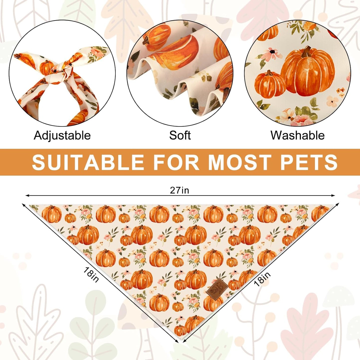 Fall Dog Bandana Pumpkin Floral Pet Scarf Double-Sided Adjustable Triangle Pet Neckerchief Dog Bib for Autumn Harvest Thanksgiving Dog Cat Birthday Costume Accessories