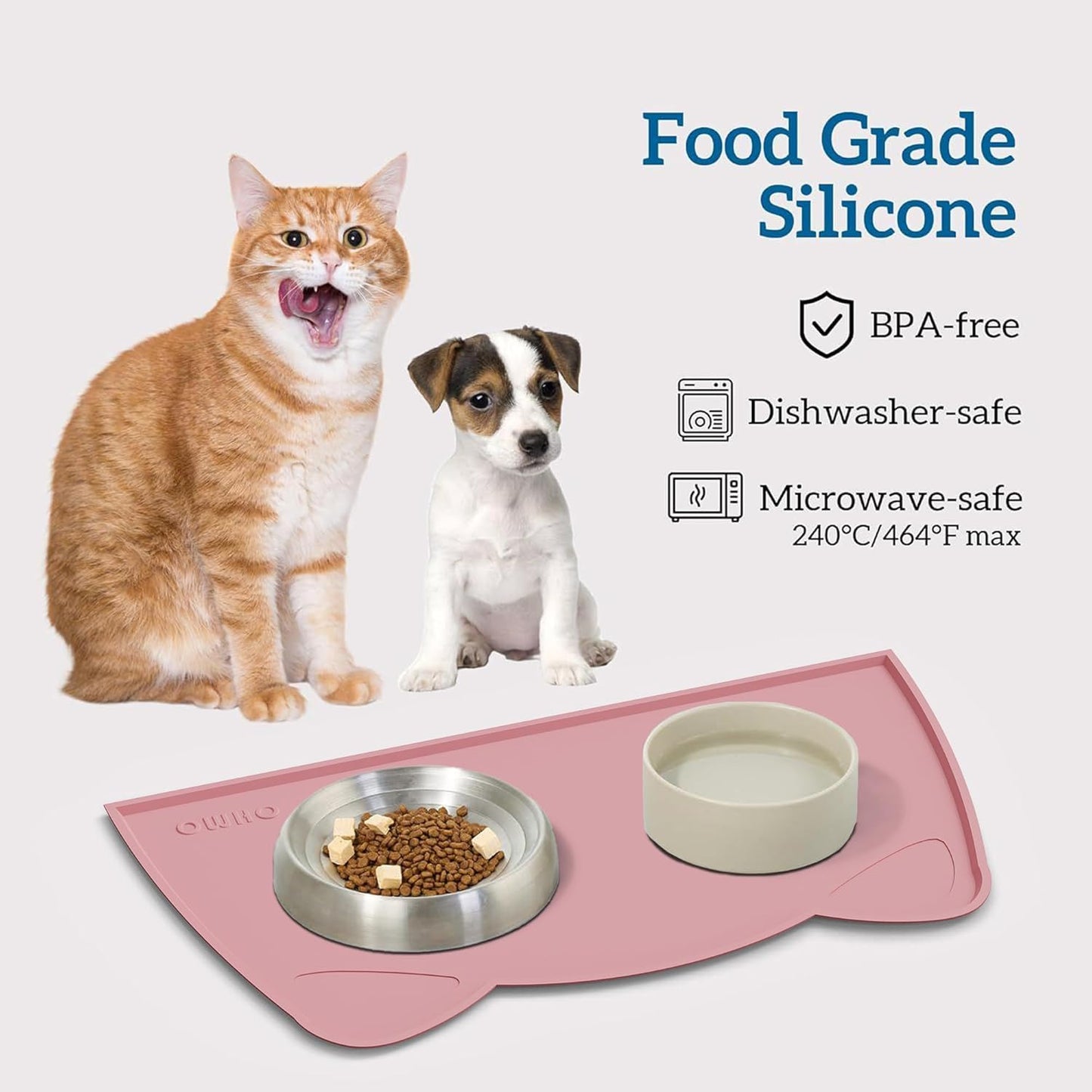 OHMO - Cat Food Mat, Silicone Pet Feeding Mat for Floor Non-Skid Waterproof Dog Water Bowl Tray, Easy to Clean Pet Placemat (Pink, 18 * 9.8'')