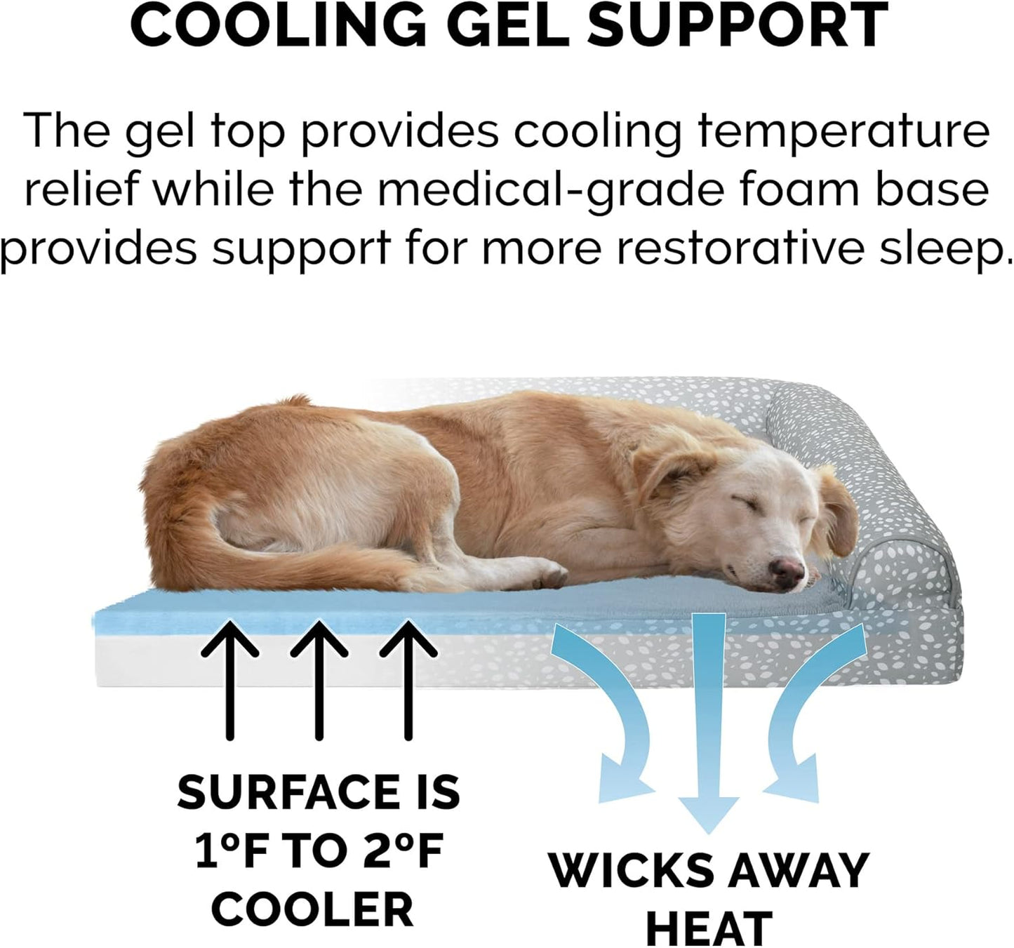 Furhaven Cooling Gel Dog Bed for Large Dogs w/ Removable Bolsters & Washable Cover, For Dogs Up to 125 lbs - Plush & Almond Print L Shaped Chaise - Gray Almonds, Jumbo Plus/XXL
