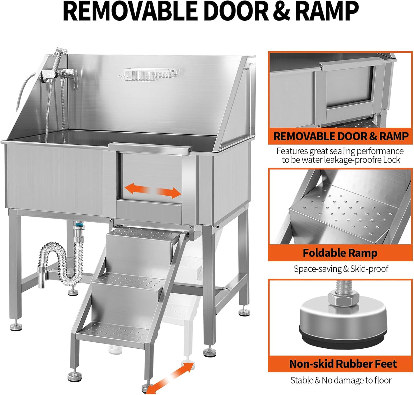 Dog Washing Station 38'' Stainless Steel Pet Grooming Tub for Large Dogs Over-Size Professional Dog Grooming Bathtub Station Wash Shower Sink Pet Grooming Bathtub Station,Right Door