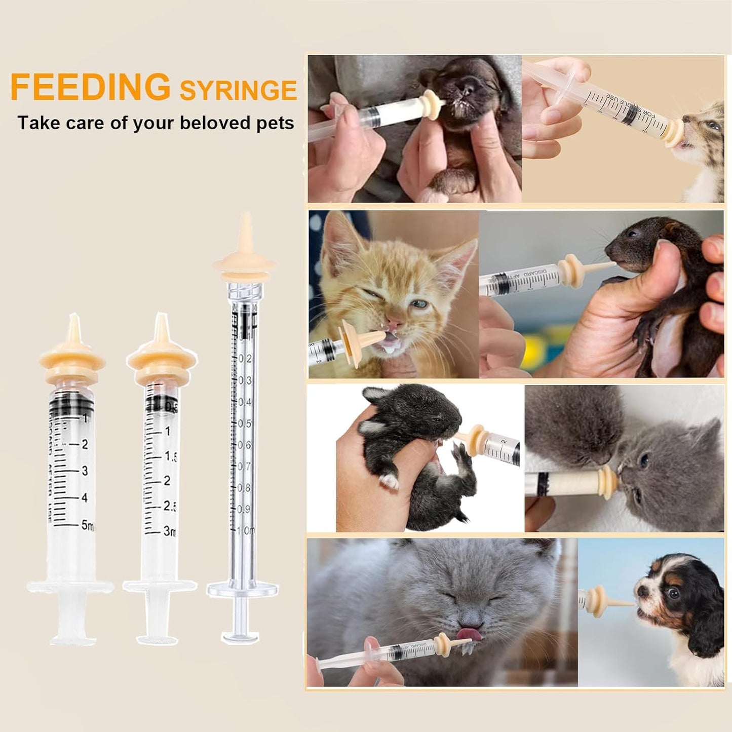 Pet Feeder Syringe, Newborn Animal Feeder Syringe Pet Feeding Nursing Syringe Silicone Feeding Pacifier,Pet Feeding Nipple for Kitten and Puppy (1ml+3ml+5ml Feeder & 5 Small Nipples)