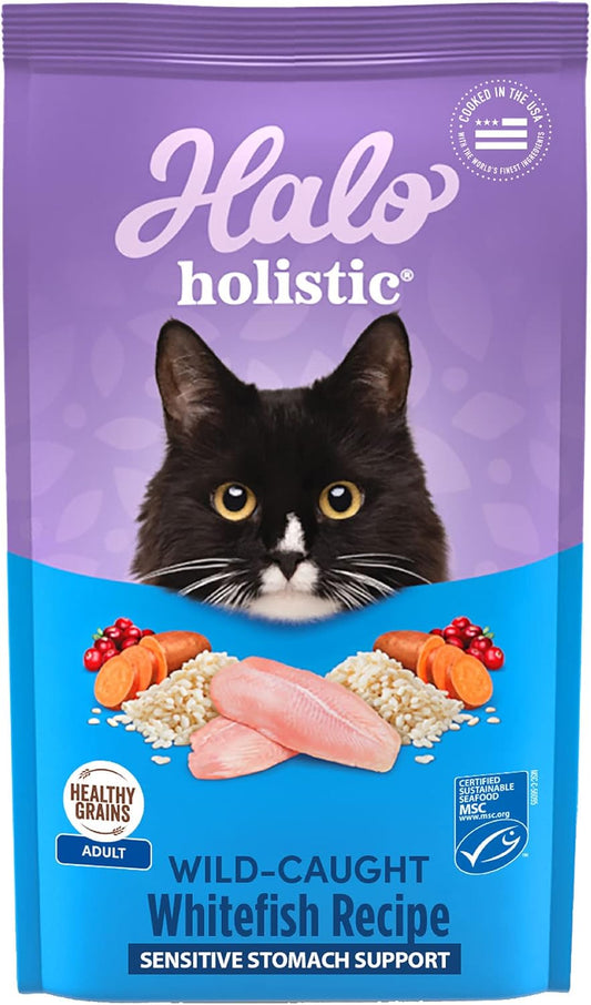 Halo Holistic Cat Food Wild Caught Salmon & Whitefish Formula, Healthy Grains Dry Cat Food, For Sensitive Stomach Support, Kibble for Adult Cats, 3 lb Bag