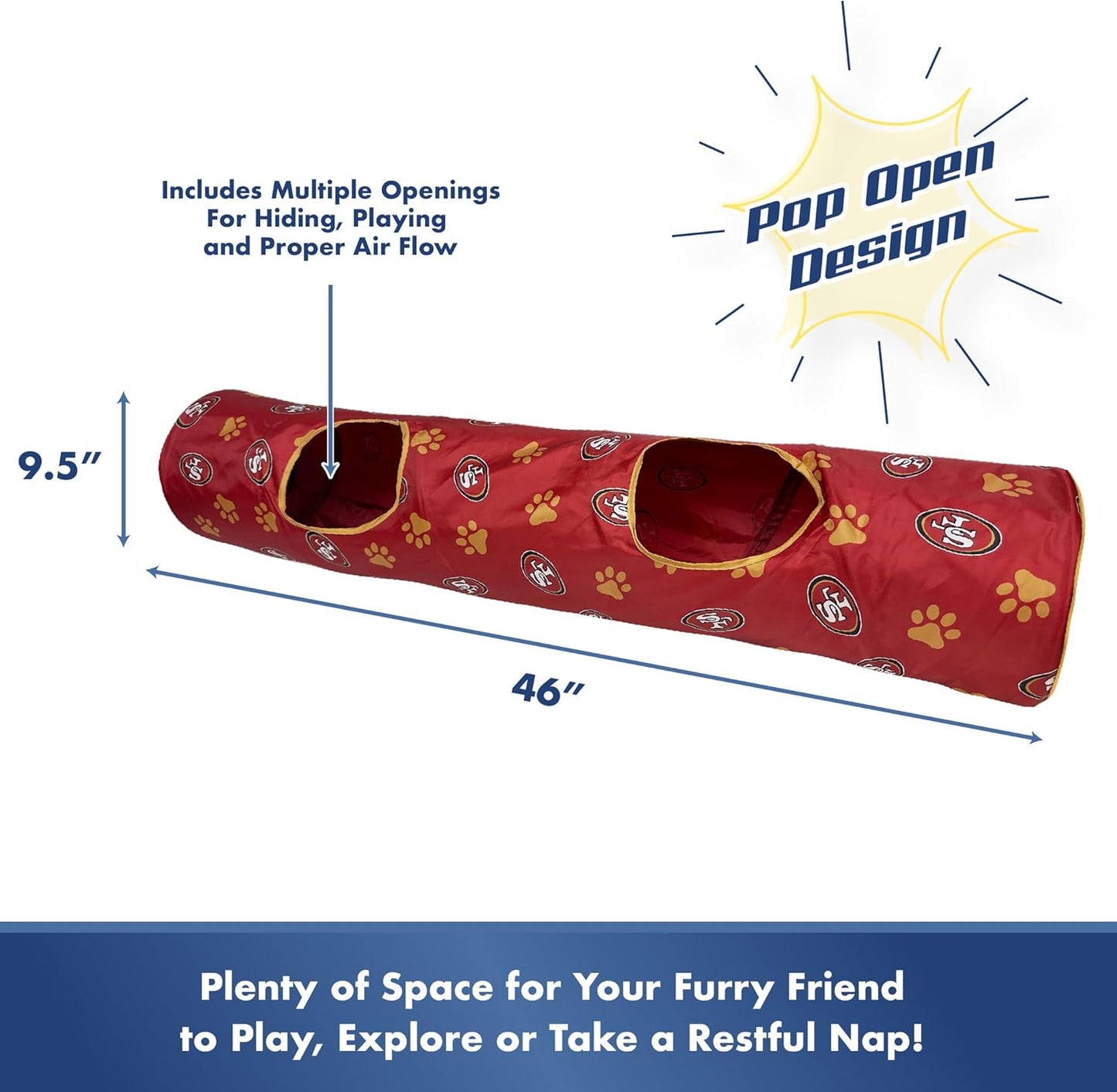 NFL San Francisco 49ers Cat Tunnel Tube Toy with Plush Football Catnip and Feathers Collapsible Tunnel for Cats to Play, Peek and Hide, Sporty & Fun Cat Tunnel Toy with Team Logo All-Over Design!