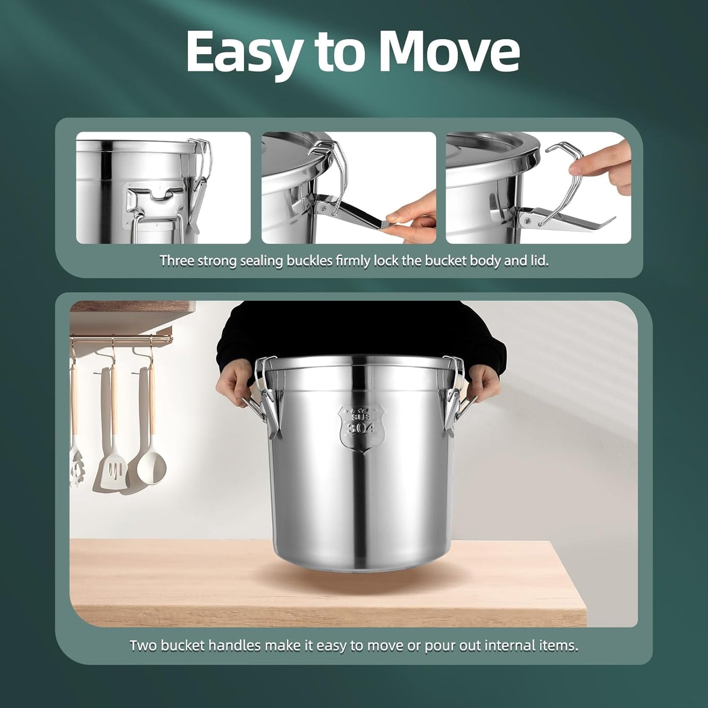 DYNAMI 5.5Gal 304 Stainless Steel Airtight Container with Lid and Locking Clamp,17-38Lbs Metal Bucket Large Stainless Steel Canisters for Kitchen,Dog Food/Bird Seed/Coffee Storage Container(21L)