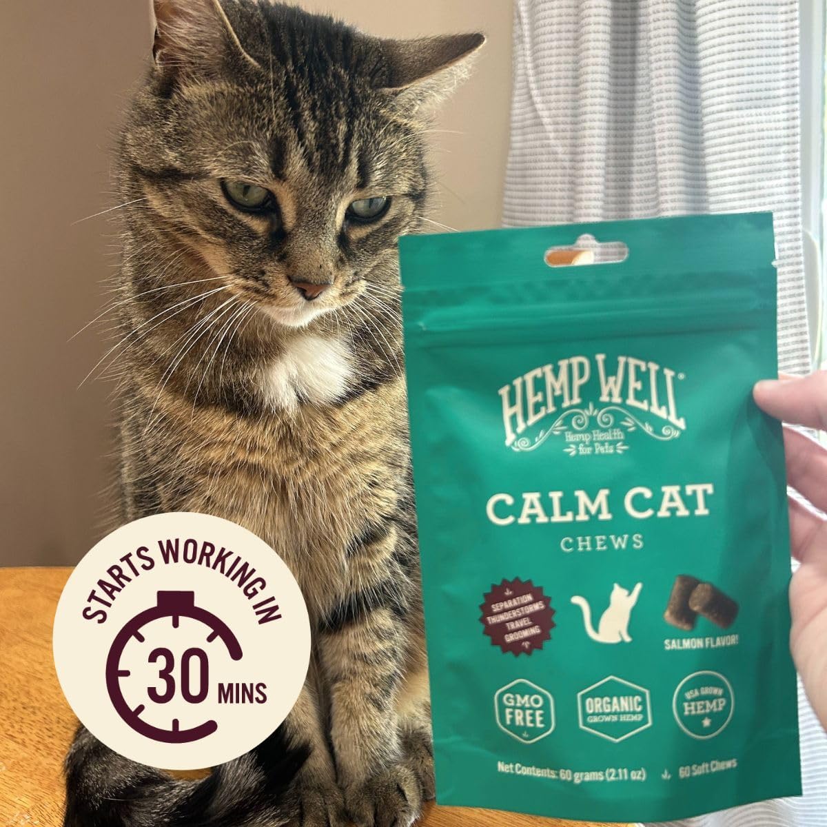 Hemp Well Calm Cat Soft Chews - Anxiety & Stress Relief Formula, Organic Ingredients, Soothes & Relaxes, Improves Behavior, 60 Count