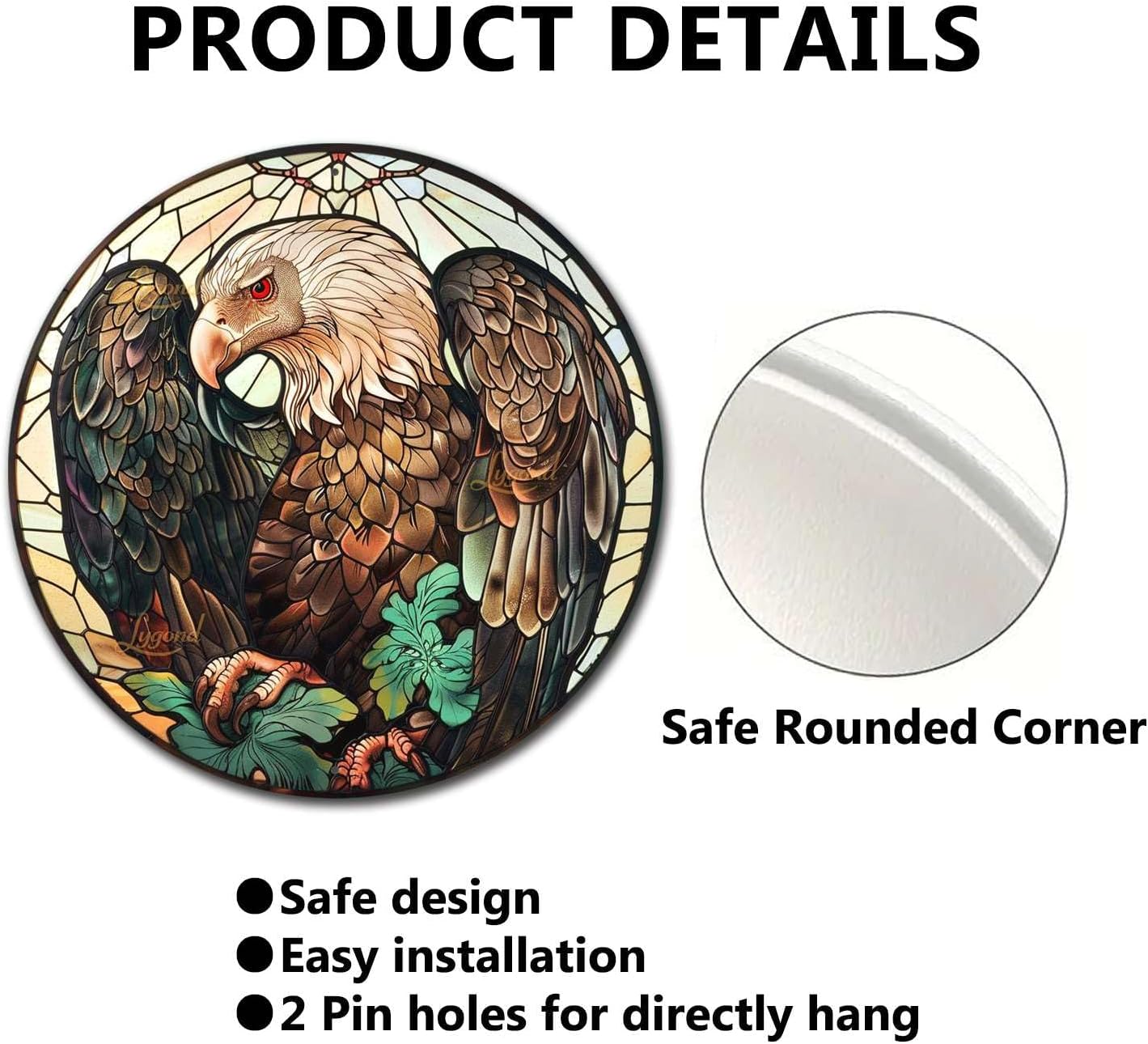 Lygond Metal Sign Tin Sign Circular Stained Glass Vulture Vintage Decor for Patio 8×8 Inches