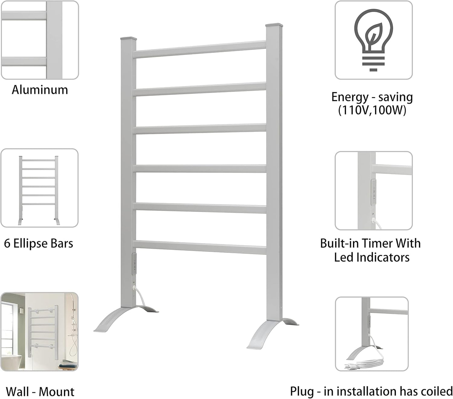 KEG Towel Warmer 6 Bars for Bathroom Freestanding or Wall Mounted Bath Towel Heater Plug-in with Built-in Timer Silver