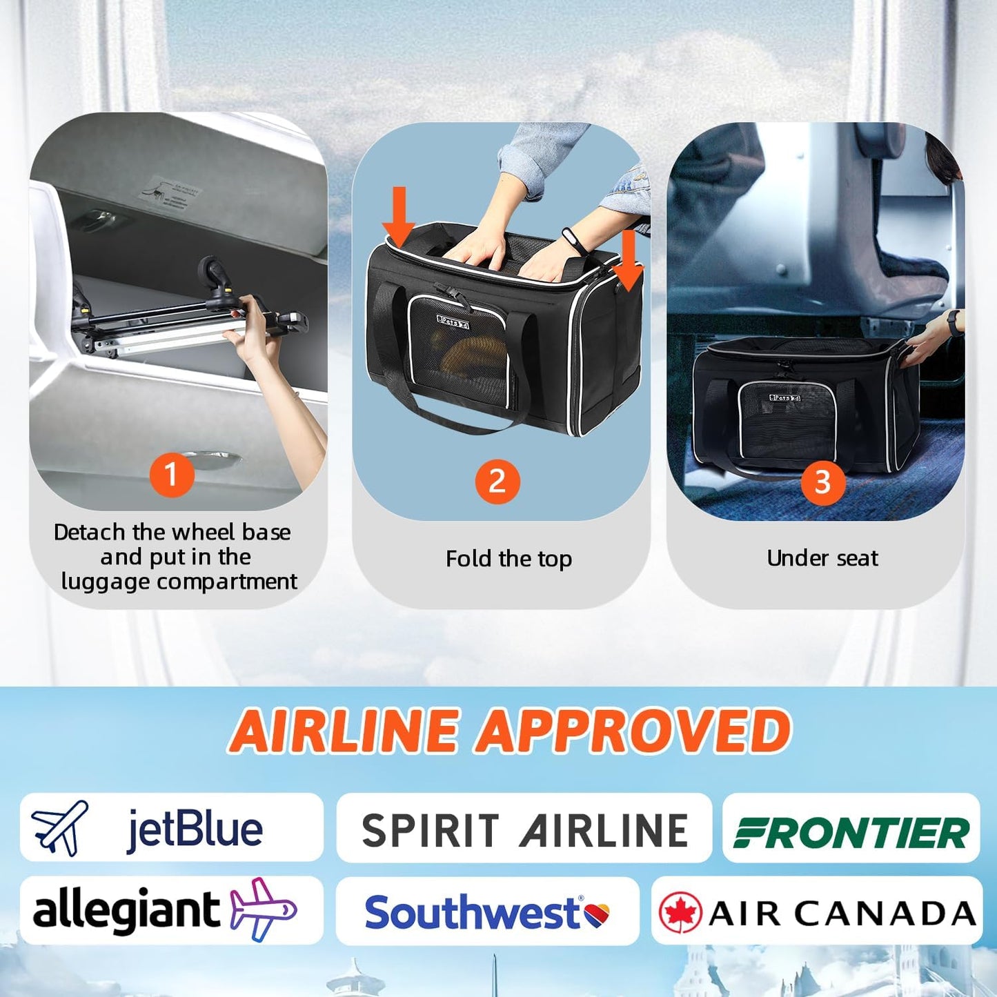 Petskd Top-Expandable Pet Carrier with Wheels 17x12x8.5 Inches JetBlue Allegiant Spirit Airline Approved, Soft-Sided Carrier for Small Cat Dog with Locking Safety Zippers and Anti-Scratch Mesh(Black)