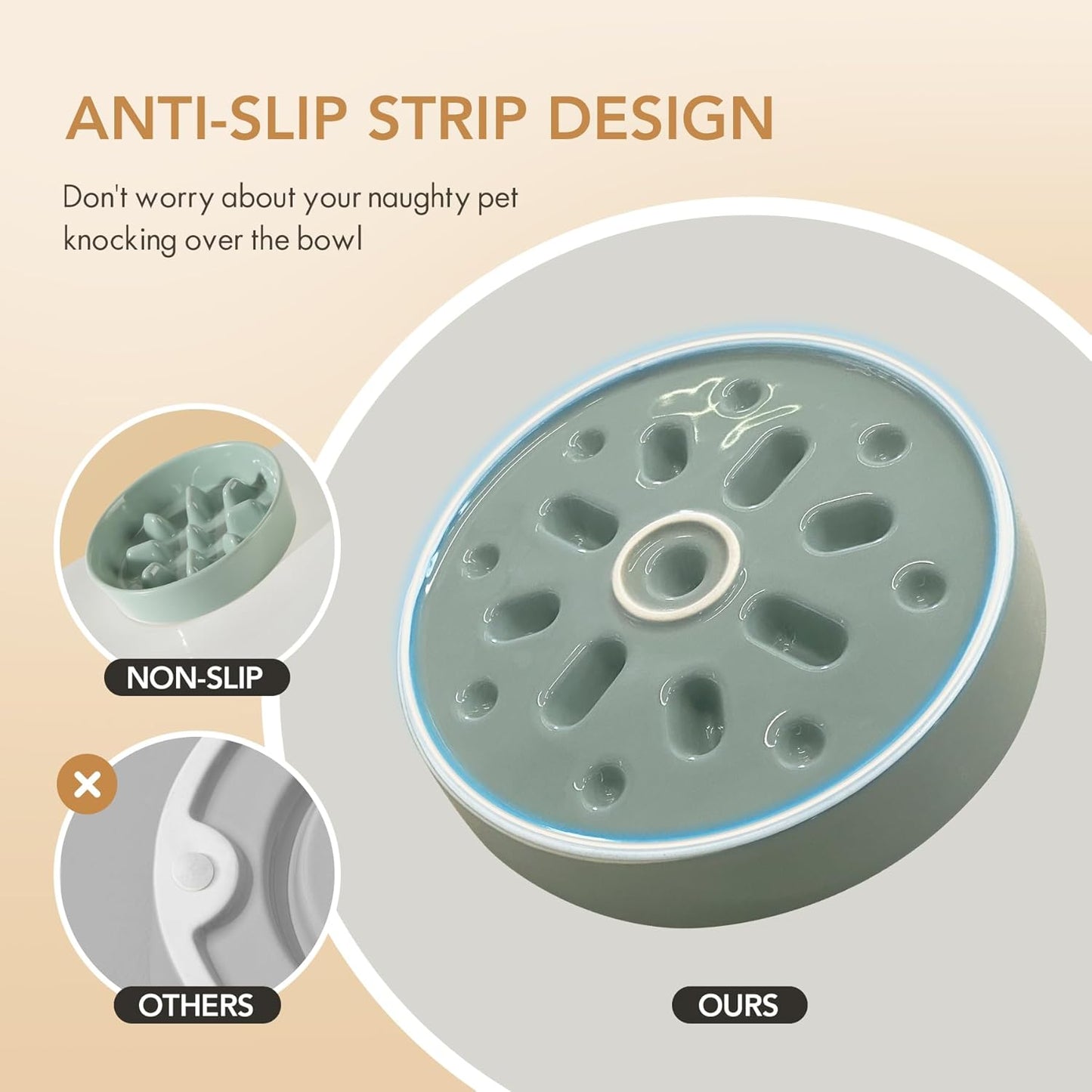 Ceramic 6.1inch Dog Bowl Slow Feeder, Slow Pet Food Dish for Small Dog and Cat, Stop Bloat, Preventing Choking(Single Bowl, Light Green)