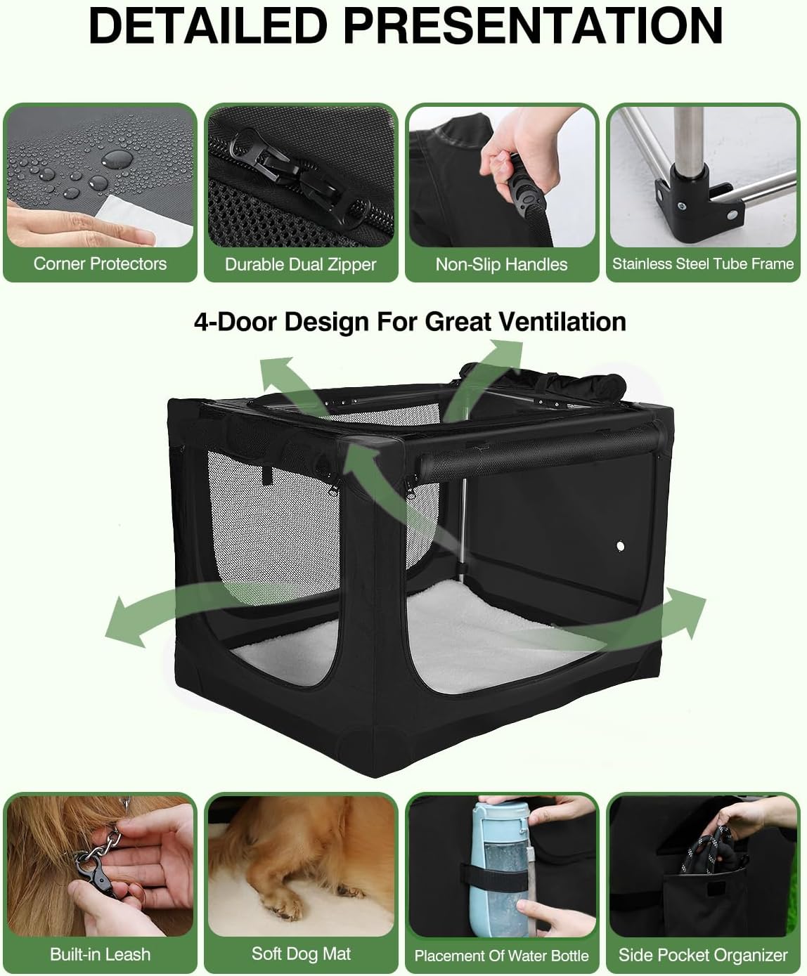 42 Inch Collapsible Travel Dog Crate for Medium Large Dogs, Portable Dog Crate 4-Door Foldable Soft Kennel with Durable Mesh Windows for Indoor & Outdoor Travel, with Storage Bag,Black