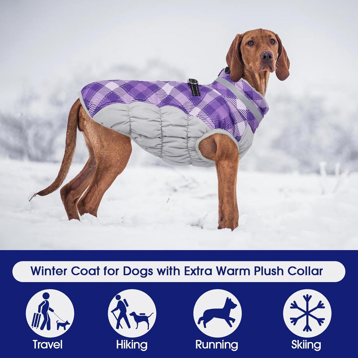 FUAMEY Dog Coat for Medium Dogs,Waterproof Dog Winter Jacket with Harness Built in Puppy Cold Weather Coats Reflective Pet Vest with Zipper Warm Fleece Dogs Snowsuit Windproof Purple Plaid M