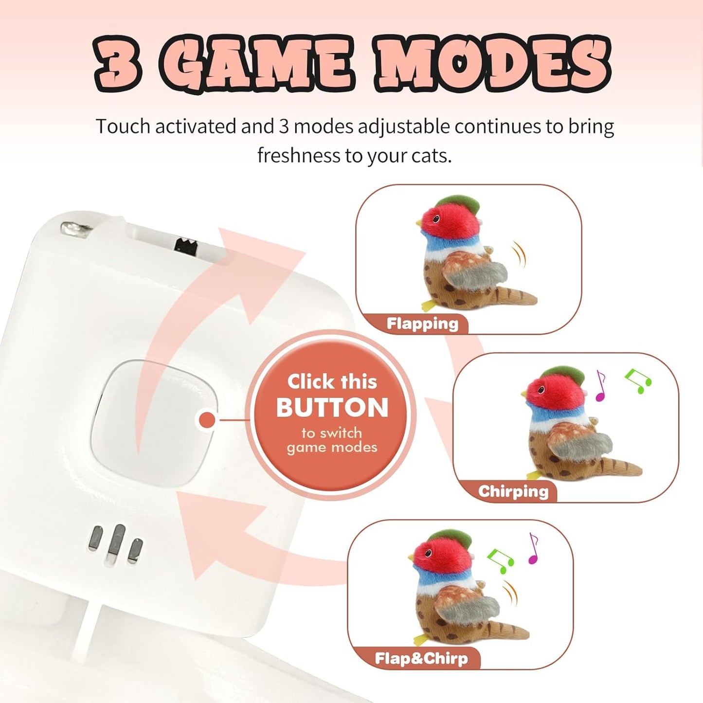 Cat Toys, Flapping Wings Cute Pheasant, No Flying, Chirping Bird Interactive Catnip Toy for Kitten or Small Dogs, Touch Activated, Rechargable