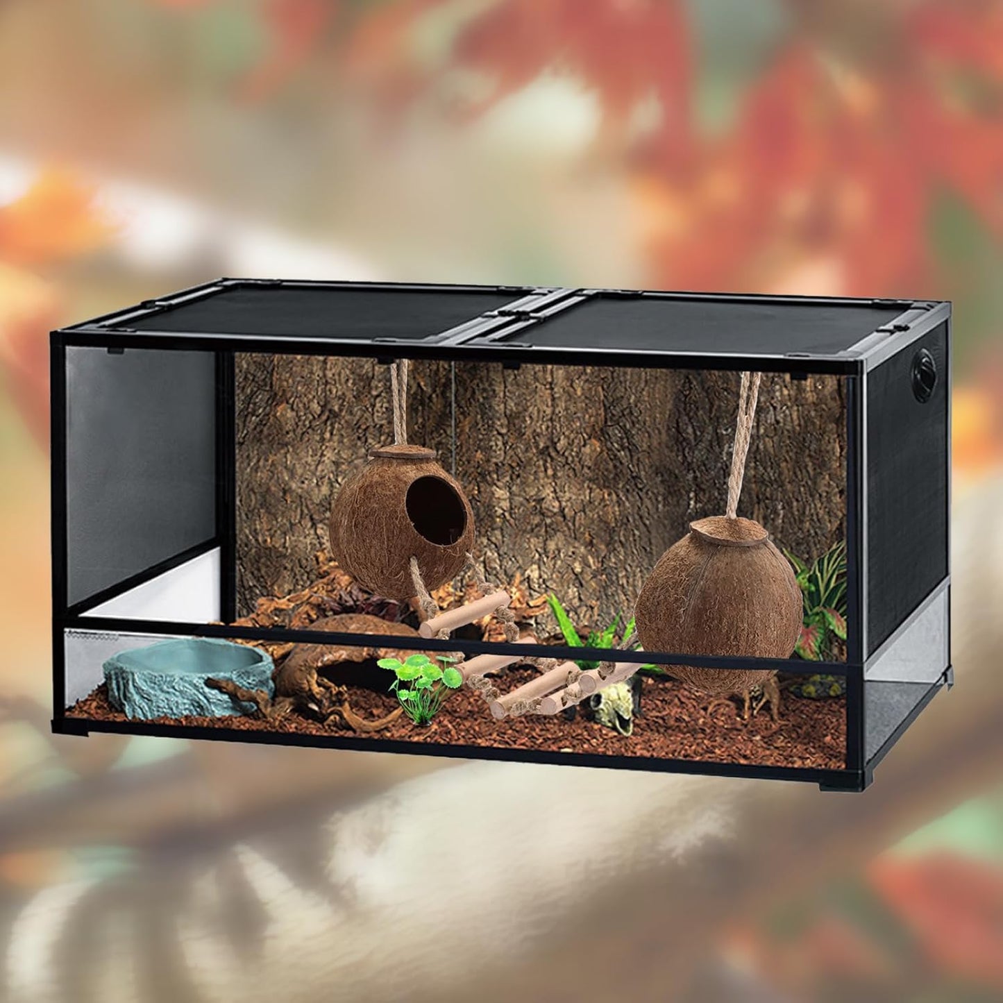 HERCOCCI Gecko Tank Accessories, Hermit Crab Toys Double Coconut Shell Natural Coconut Husk Hut with Climbing Ladder with Suction Cup for Leopard Gecko Snake Reptiles