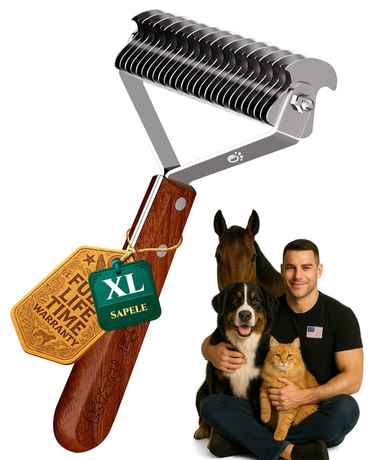 Extra Large 2-Sided Undercoat Rake for Dogs & Cats, Dog Brush for Shedding Remove Mats, Dematting Comb, Safe&Gentle Grooming Brush for German Shepherds Medium to Long-Haired Pets,Premium Wooden Handle