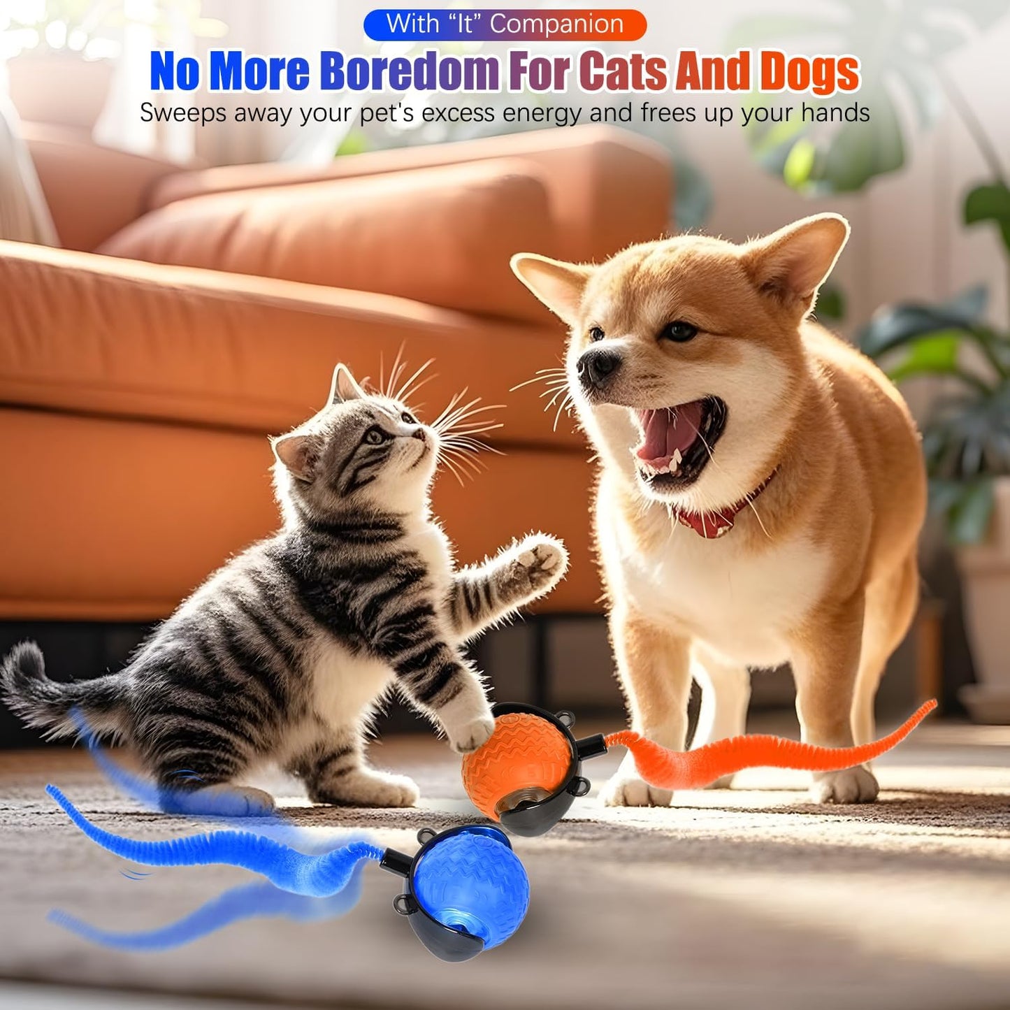 2PCS Interactive Cat Toy for Indoor Cats, Speedy Ball with Tail, Automatic Moving Cat Balls for Bored Indoor Adult Cats, Two Speed Adjustment,360°Automatic Rolling Ball Toy (Blue+Orange)