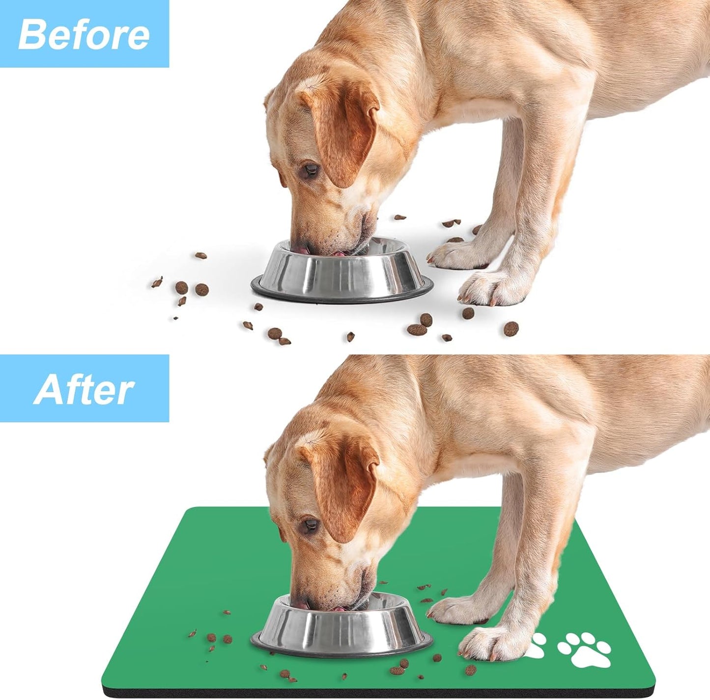Rnivvi Dog Food Mat, 12" x 19" Footprint Absorbent Dog Cat Bowl Mat for Food and Water, Cute Anti-Slip Rubber Pet Feeding Rug Protect Floors, Puppy Placemat for Feeding & Watering Supplies, Green