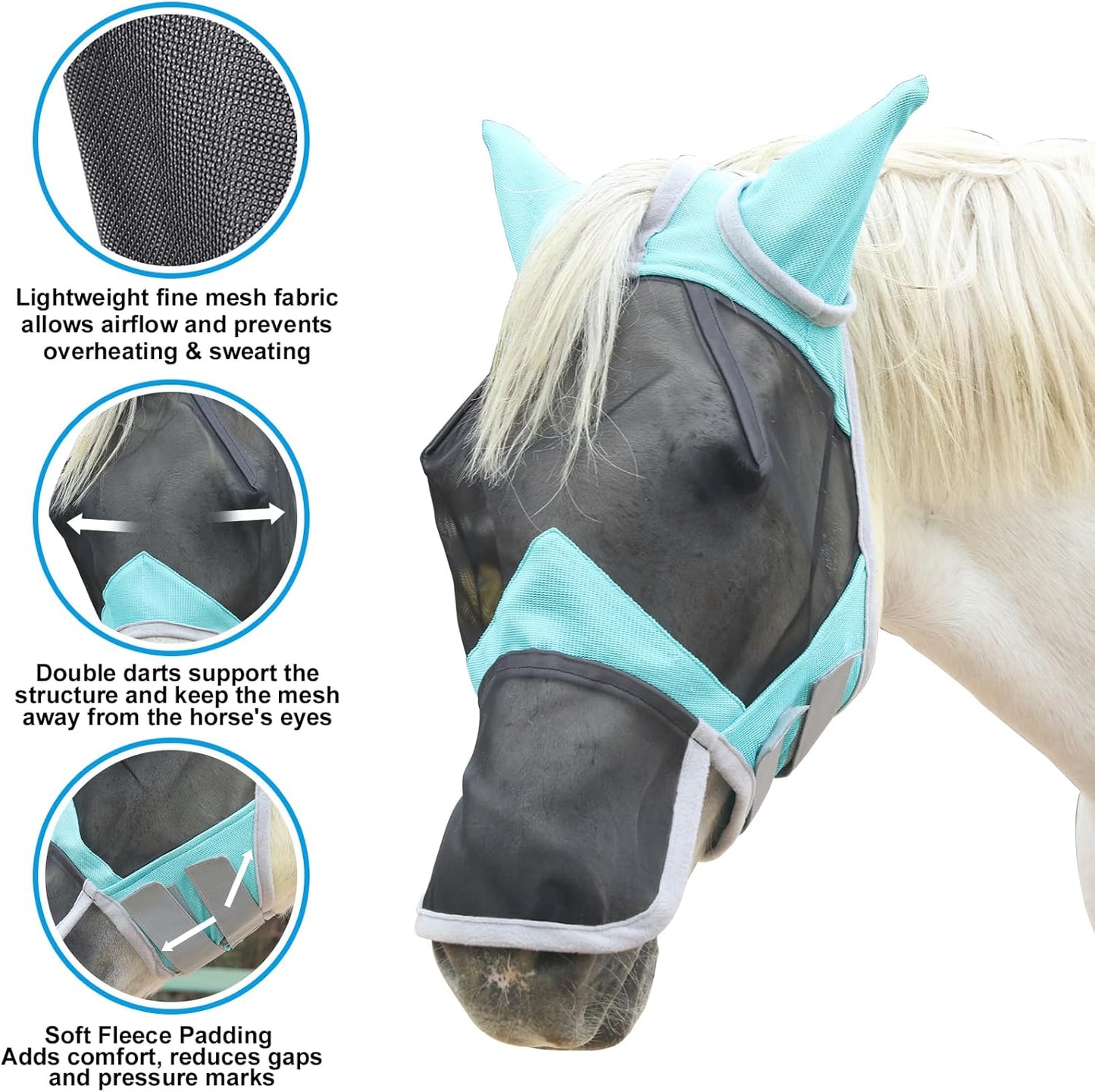Horse Fly Mask with Ears & Long Nose Cover | Forelock Opening for Tangle-Free Mane Care | UV Protection & Breathable Mesh | No Rub Fit and Enhanced Visbility for Trail Riding Turquoise Pony