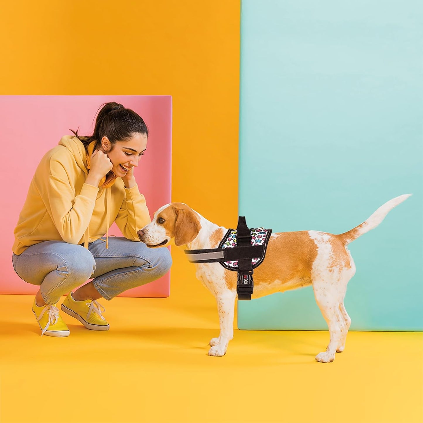 Dogline Dog Harness, Reflective No-Pull Adjustable Vest with Handle for Walking, Training, Breathable, No - Choke Harness for Small, Medium or Large Dogs Room for Patches Leopard Rainbow XL 33"-46"