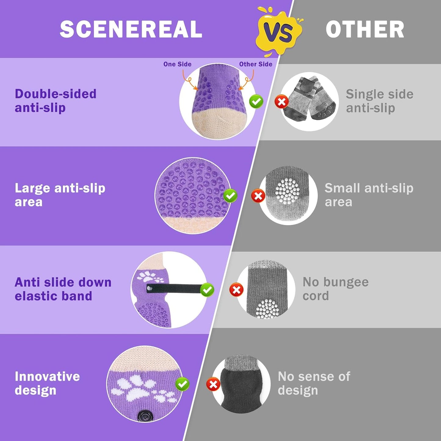 SCENEREAL Anti Slip Dog Sock to Prevent Licking Paws for Hardwood Floors, Boots & Paw Protector Shoes for Hot/Cold Pavement with Grippers, Double Sides Grips for Small Medium Large Senior Dogs, L