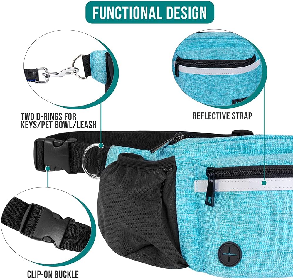 PetAmi Dog Fanny Pack, Treat Pouch for Dog Walking, Training, Built in Poop Bag Dispenser, Water Bottle Holder, Collapsible Bowl, Pet Treat Waist Belt for Hiking, Running, Kibbles (Turquoise)