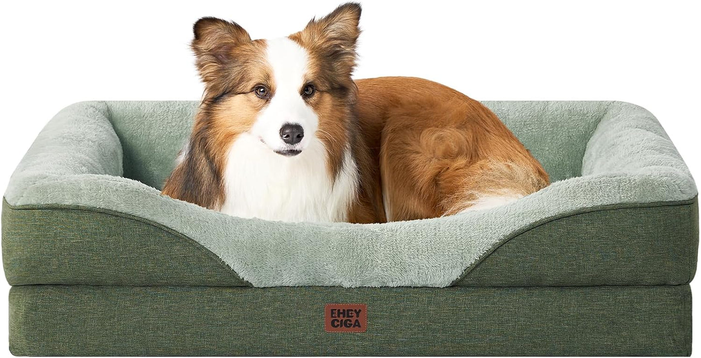 EHEYCIGA Memory Foam Dog Bed for Medium Size, Orthopedic Dog Sofa with Sides and Waterproof Liner, Washable Bolster Pet Couch with Removable Cover, 35x22x6.5 Inch, Green