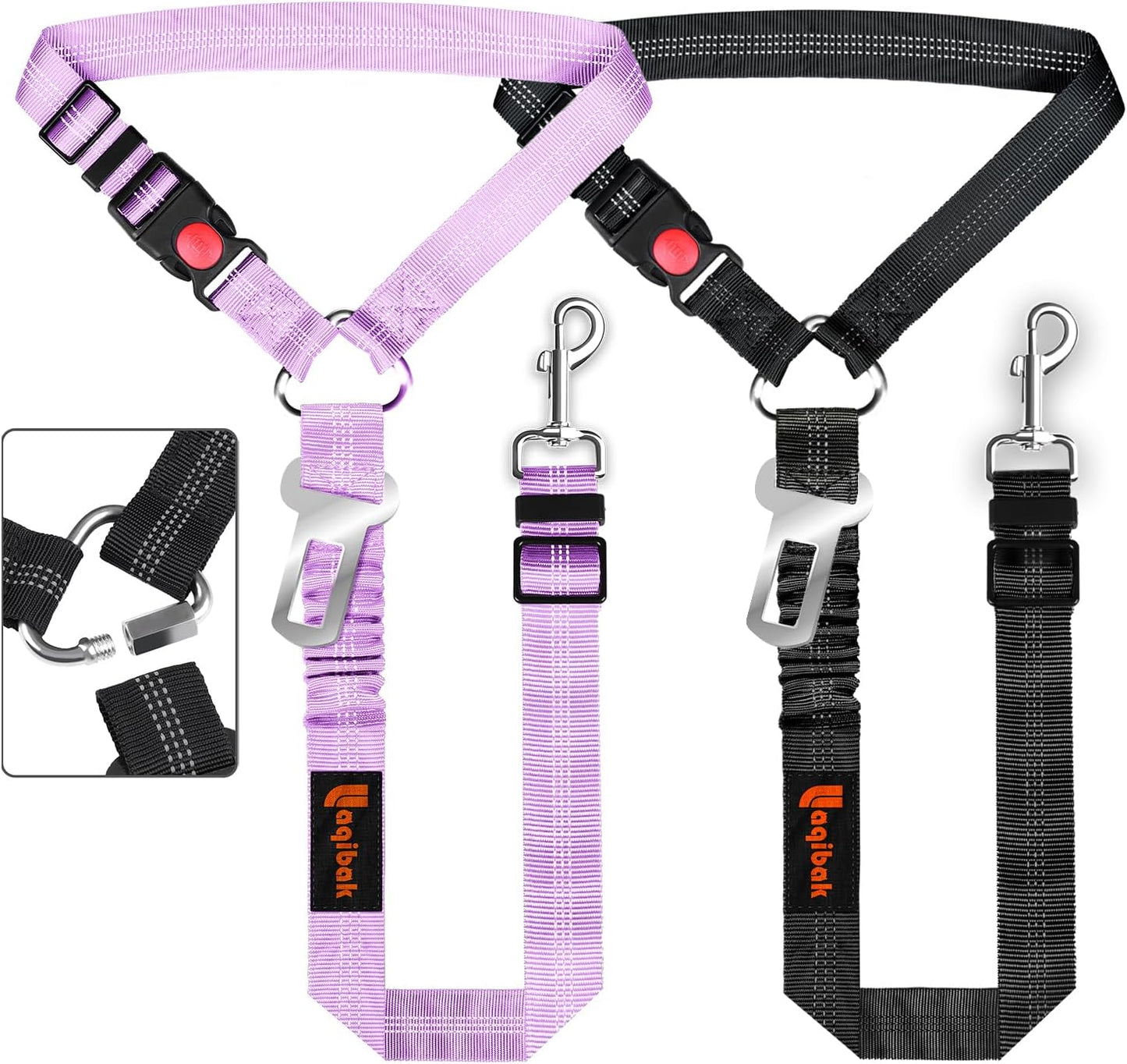 Removable Dog Seat Belt Harness for Car, 3 in 1 Pet Dog Car Seatbelt Leash, Retractable Restraint Secures to Vehicle Headrest & Adjustable Reflective Bungee Dog Seatbelt Tether, Purple and Black