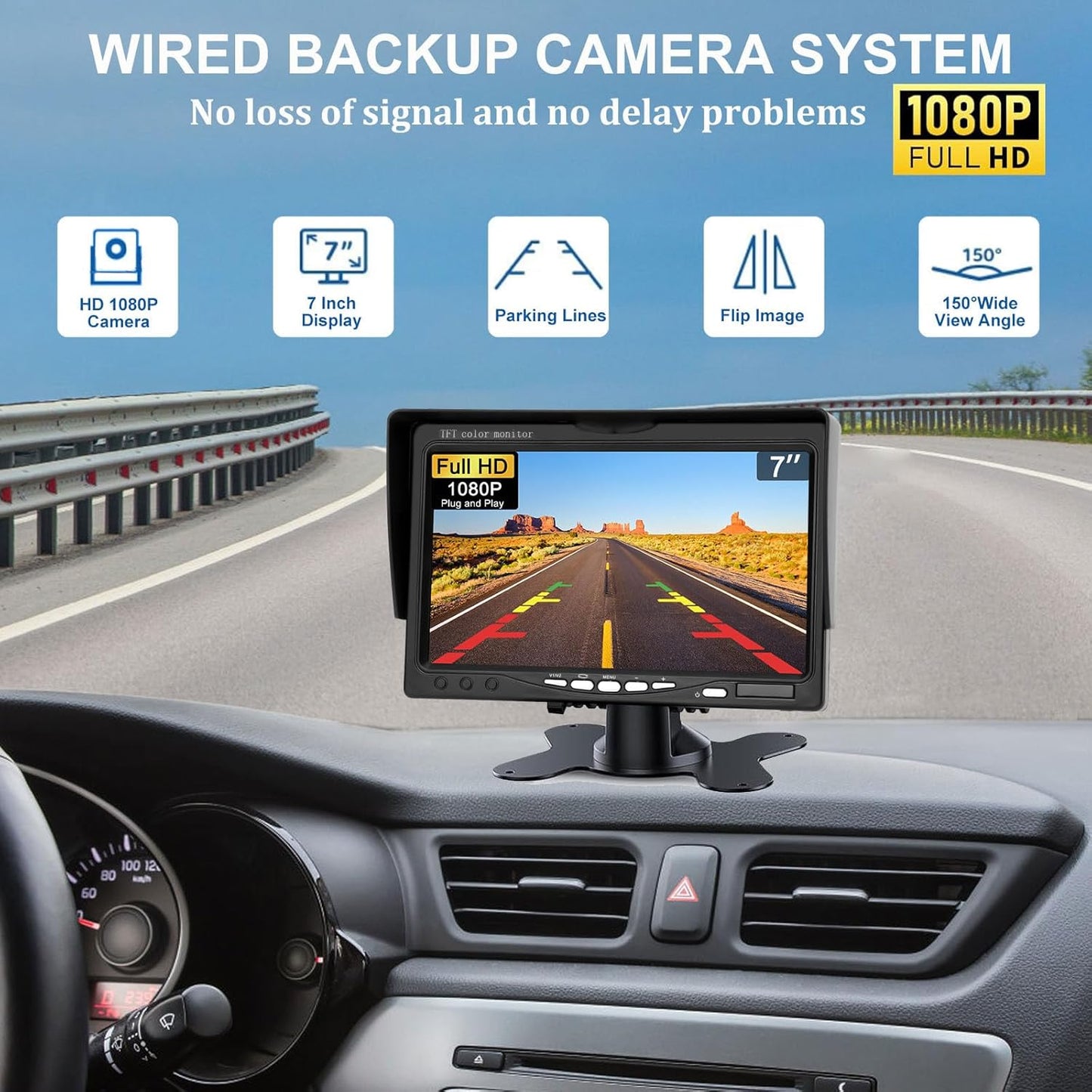 Kairiyard Backup Camera with 7 Inch Monitor, HD 1080P Reverse Rear View Camera Waterproof DIY Grid Lines No-Delay Wired License Plate Camera System for Truck Car SUV