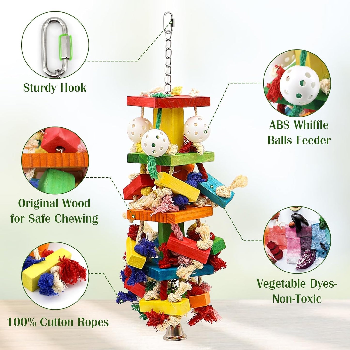 Interactive Parrot Toys for Large Birds, Cockatoo, Cockatiel, and Parakeet Toys, Original Wooden and Natural Material, Fun Durable and Eco-Friendly Bird Cage Toy