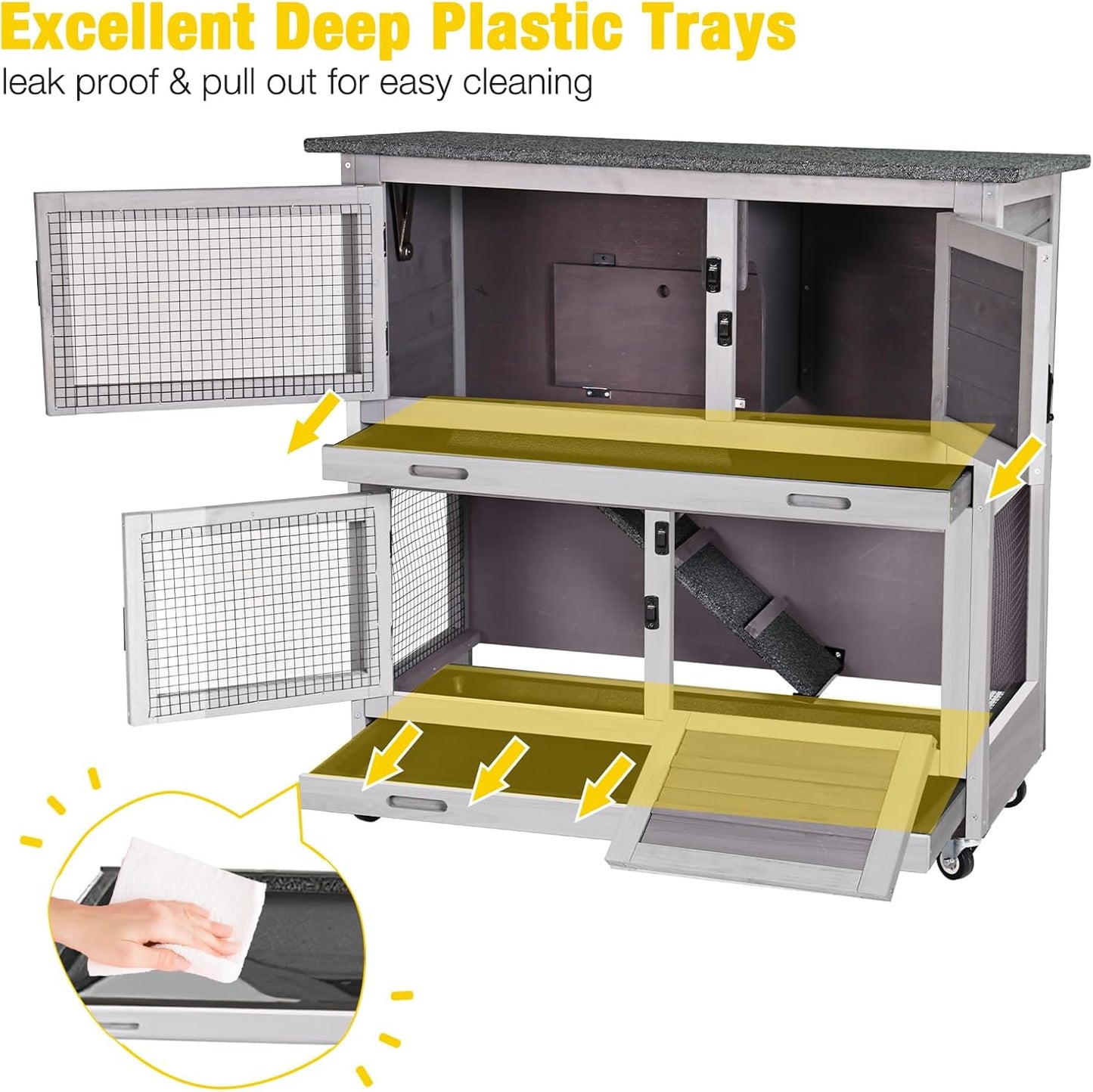 Aivituvin Rabbit Hutch Indoor Bunny Cage Outdoor 2 Story Pet House Guinea Pig Cage on Wheels 36"