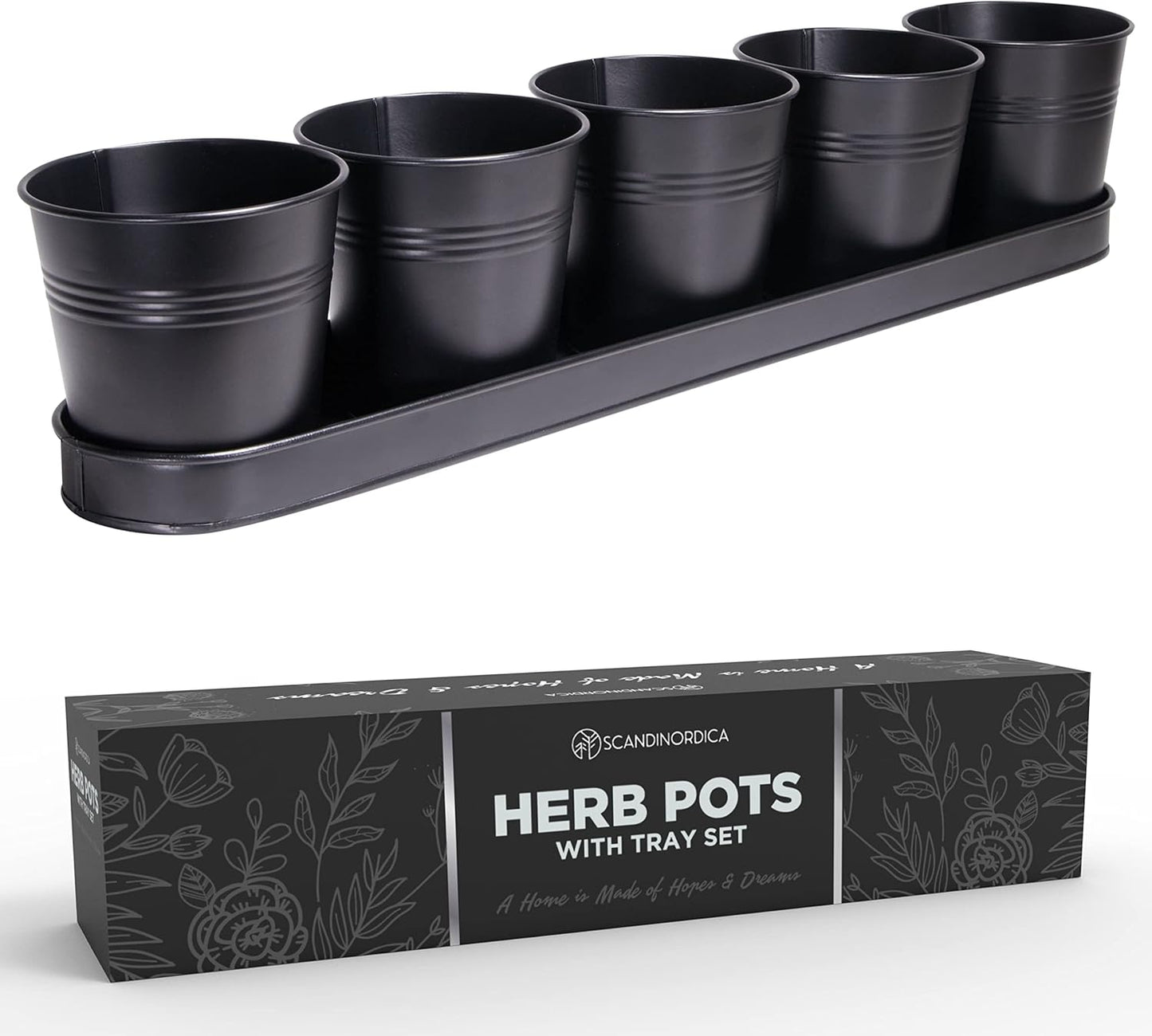 SCANDINORDICA Black Herb Planter – 5 Pots with Drainage Holes and Tray, Windowsill Planter, Herb Pots for Indoor Outdoor Plants | Kitchen & Garden Decor