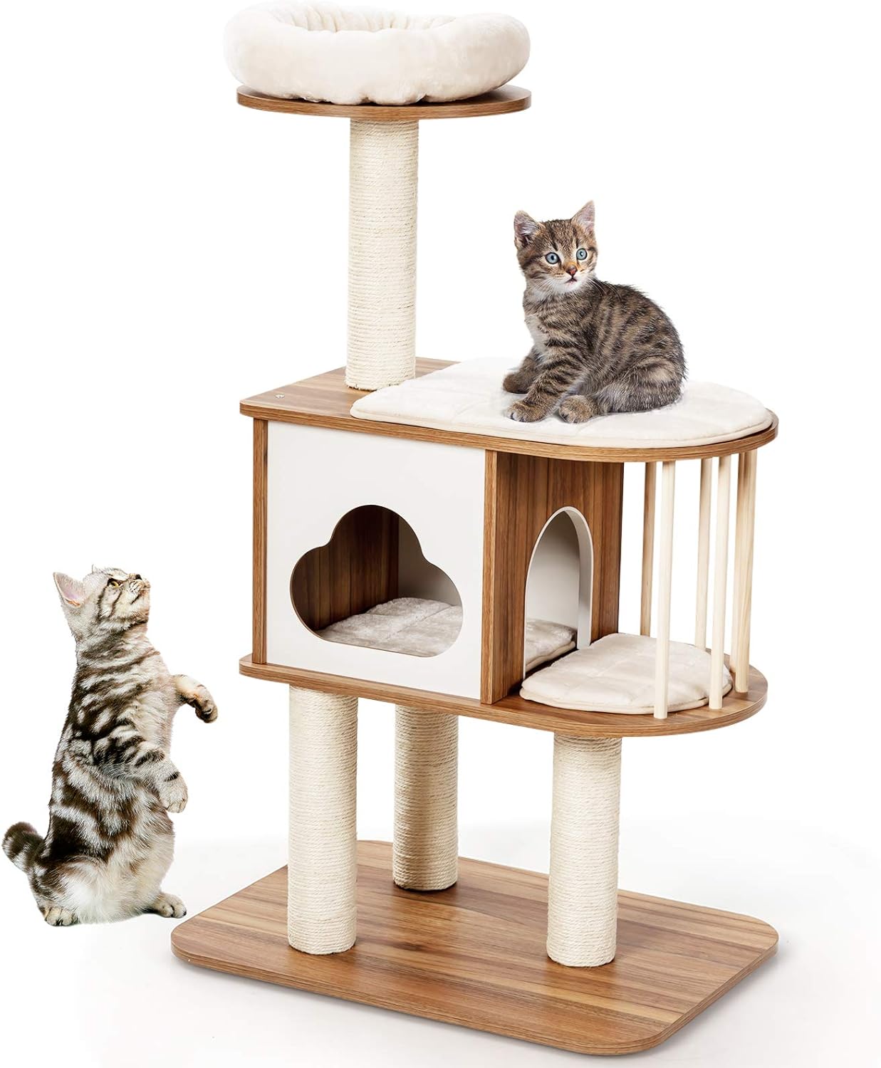 Tangkula Modern Wood Cat Tree, 46 Inches Cat Tower with Platform, Cat Activity Center with Scratching Posts and Washable Cushions, Wooden Cat Condo Furniture for Kittens and Cats (Natural)