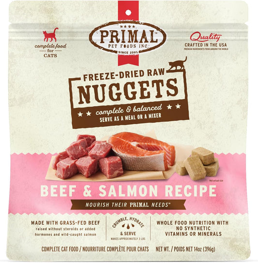 Primal Freeze Dried Raw Cat Food Nuggets Beef & Salmon, Complete & Balanced Meal or Topper, Premium, Healthy, Grain Free, High Protein Raw Cat Food with Probiotics (14 oz)