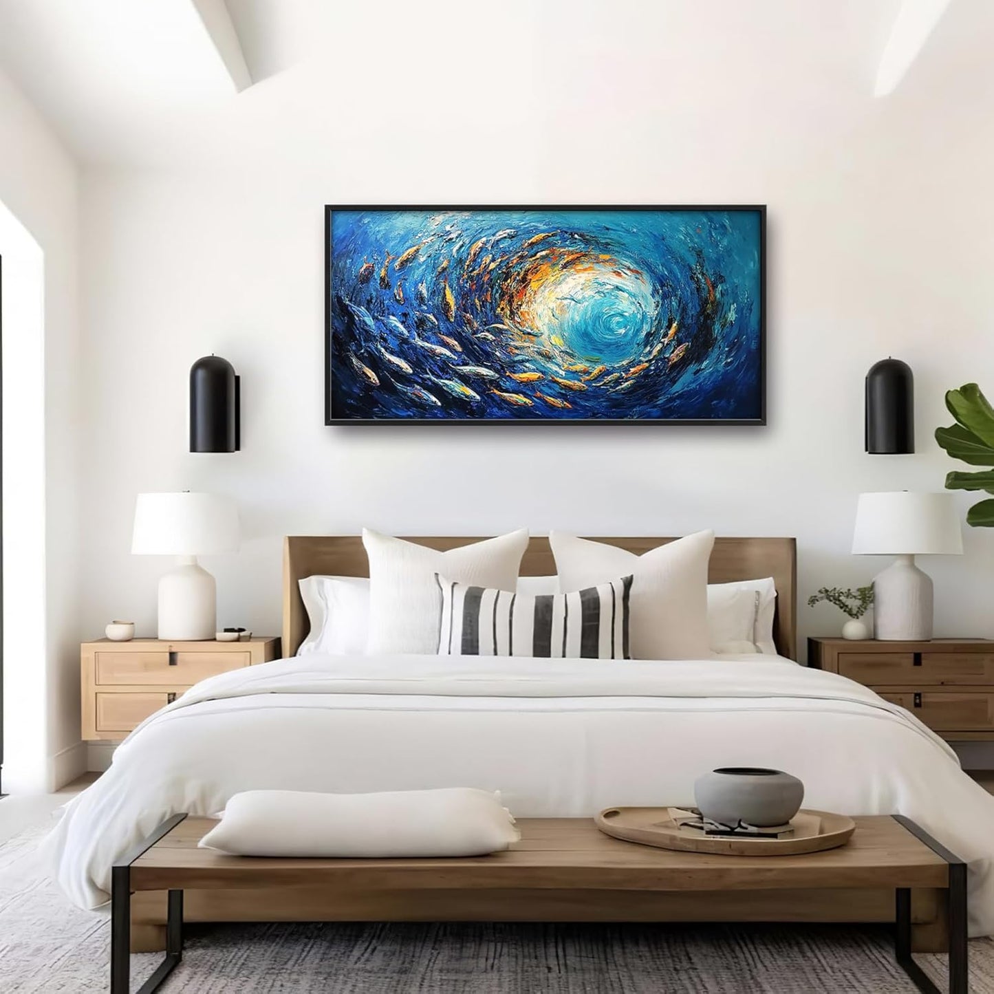 Extra Large Framed Abstract Ocean Fish Wall Art,Oversized Blue Sea Nautical Fish Wall Decor Pictures for Living Room,Canvas Print Painting Modern Artwork Bedroom Office Bathroom Home Decor 60L x30W